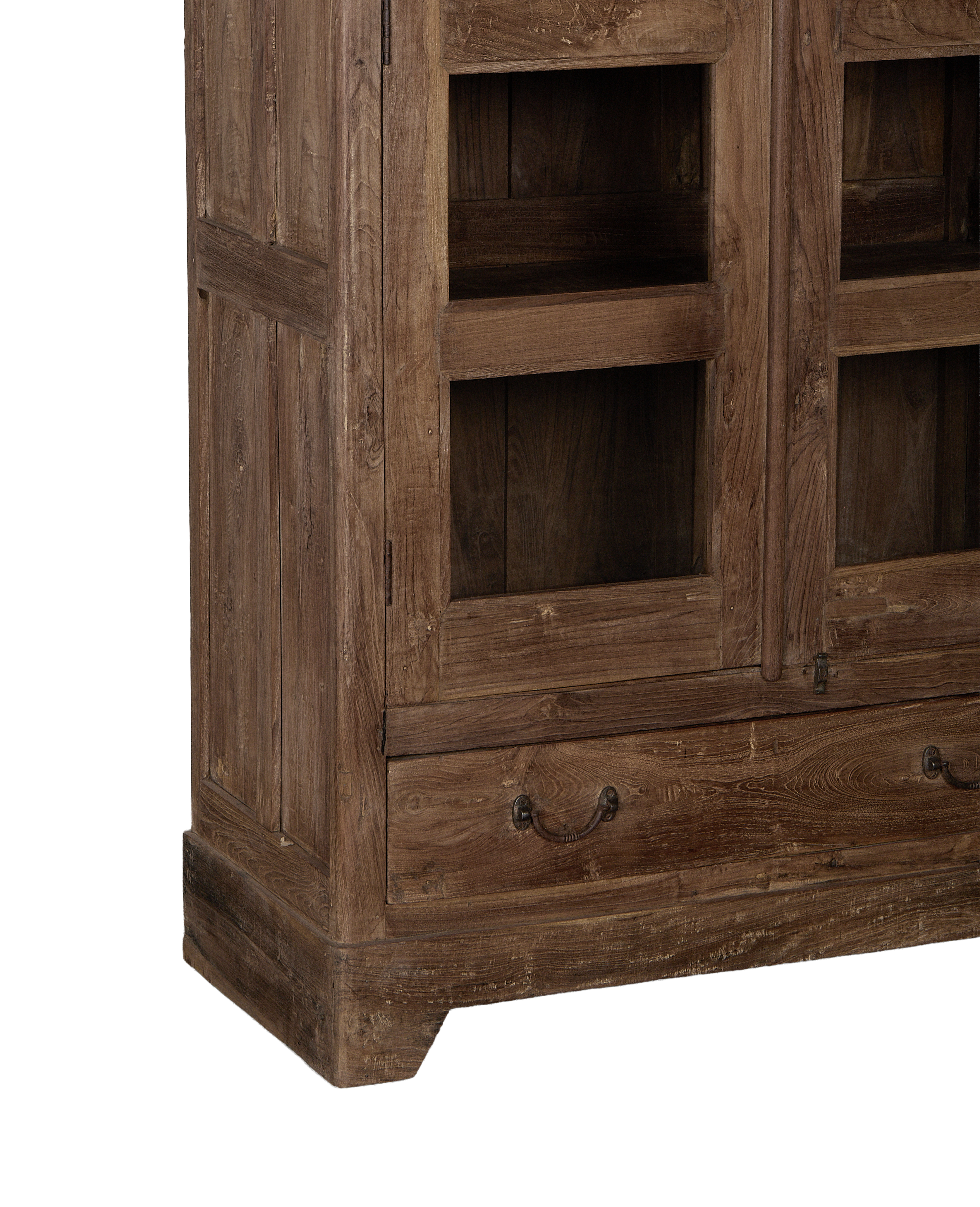 Vintage oak cabinet from India, showing drawer with aged brass handle and glass door.
