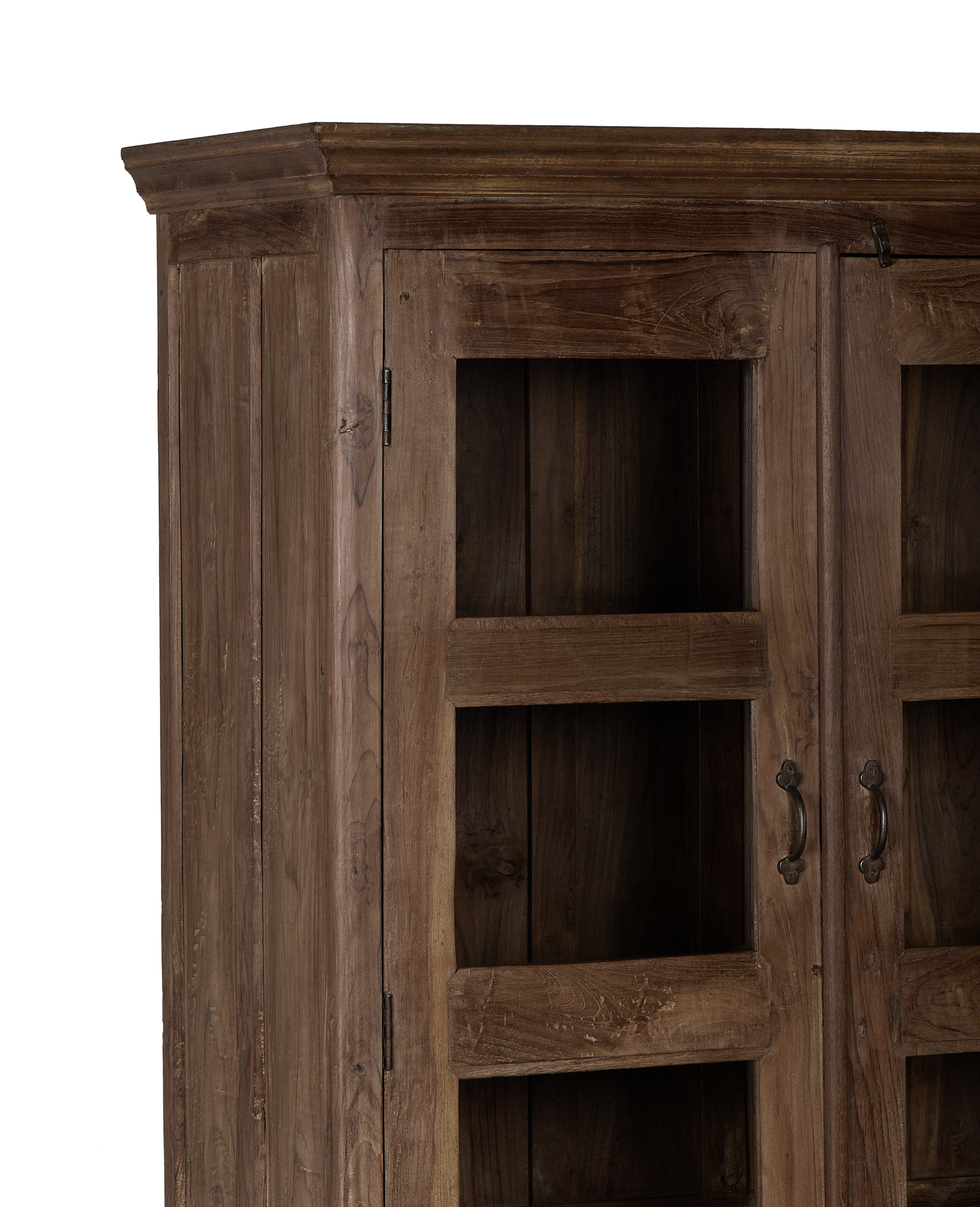 Vintage natural oak cabinet from India, showcasing details: ornate handles, glass panels, and crown molding.