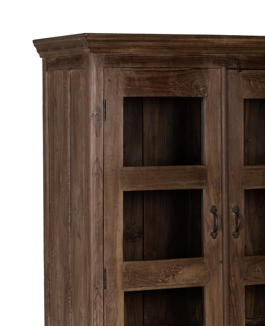Vintage natural oak cabinet from India, showcasing details: ornate handles, glass panels, and crown molding.