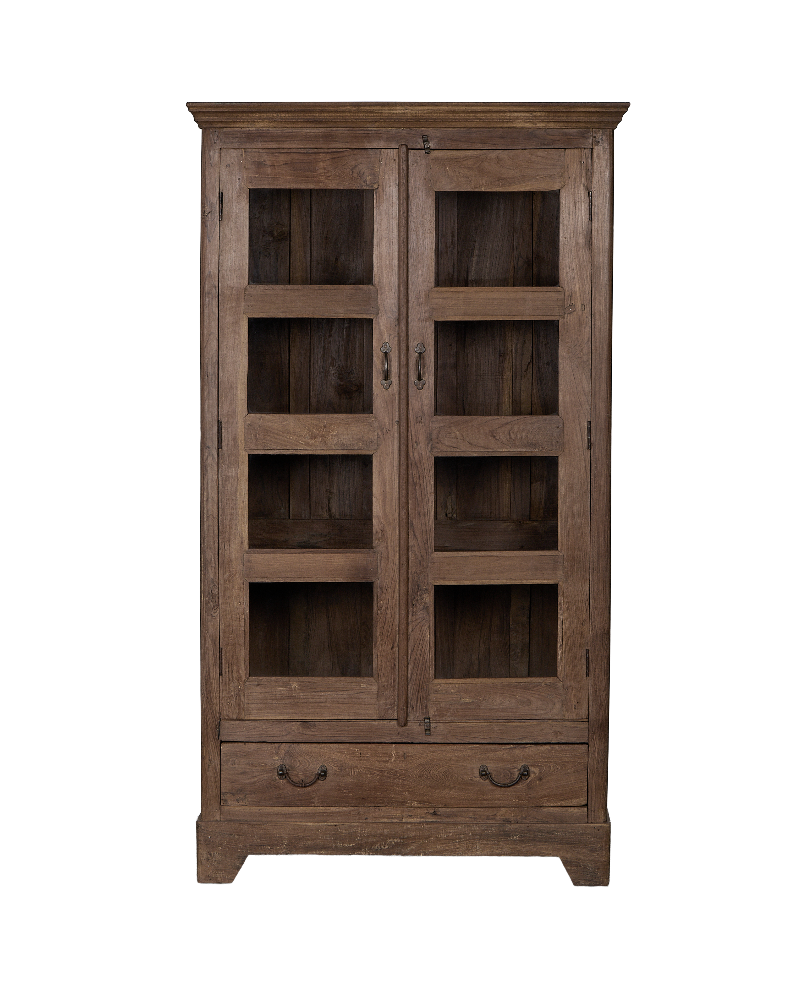 Vintage Indian oak cabinet, natural finish, two glass doors, bottom drawers.