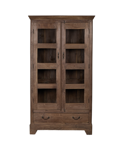 Vintage Indian oak cabinet, natural finish, two glass doors, bottom drawers.