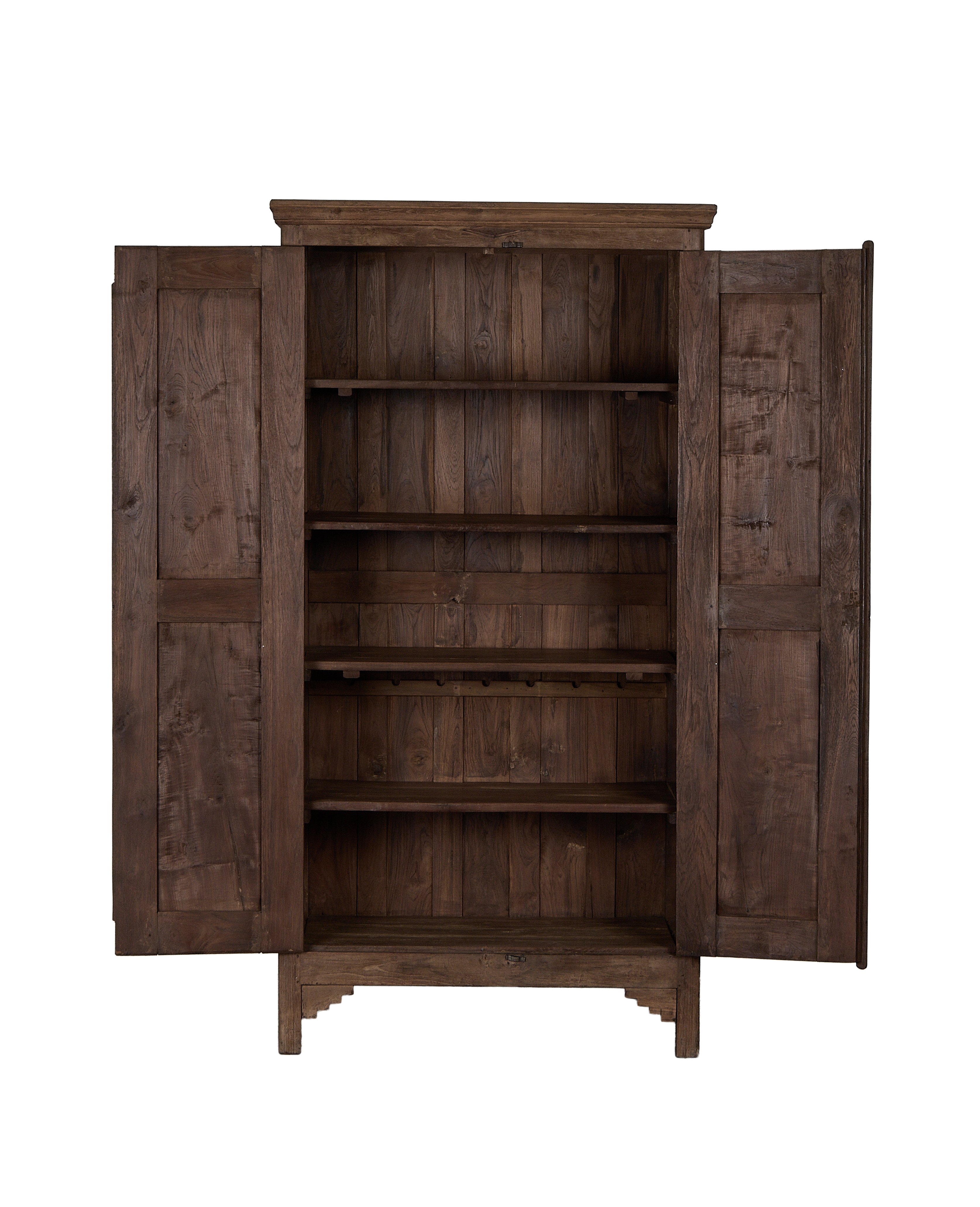 Vintage Indian oak wood cabinet, doors open revealing natural distressed interior shelving.