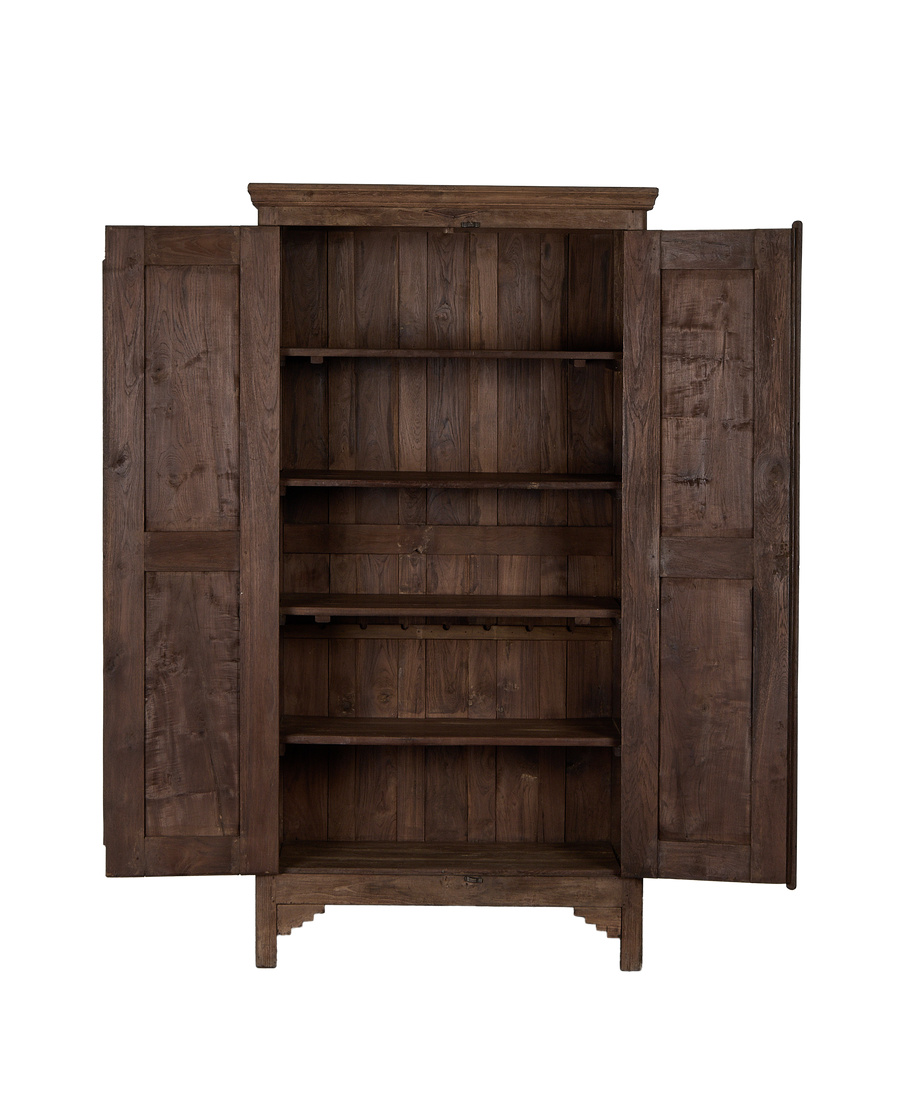 Vintage Indian oak wood cabinet, doors open revealing natural distressed interior shelving.