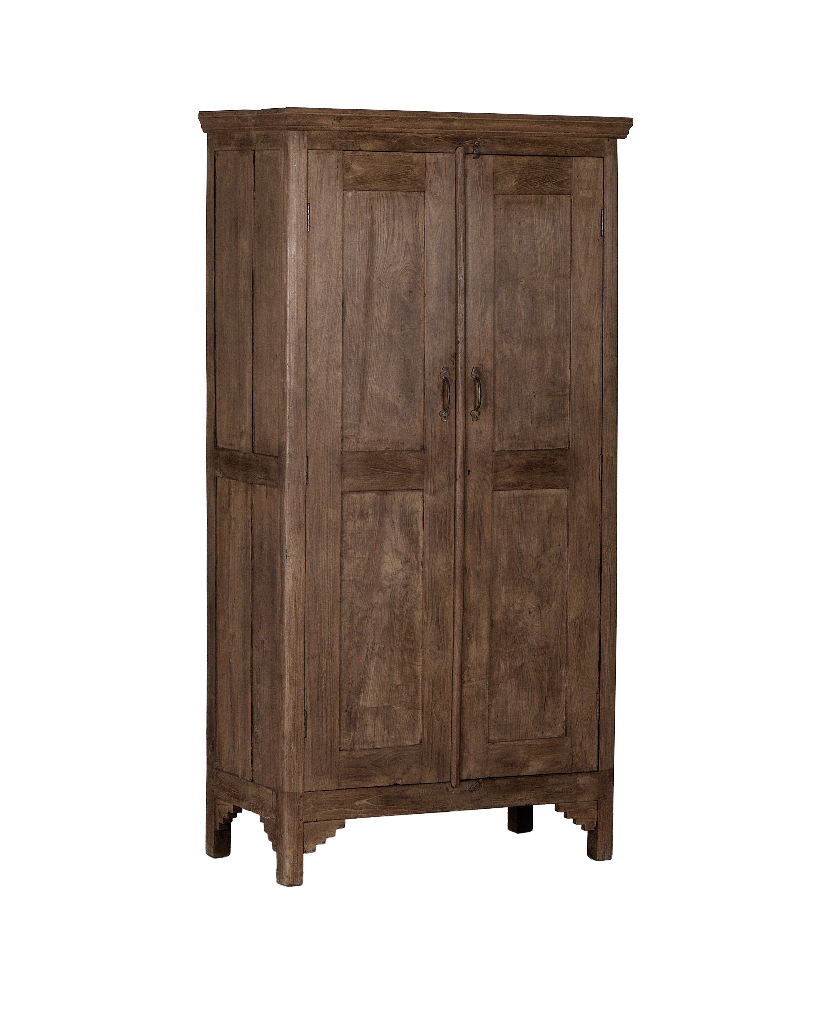 Full front view of the vintage Indian natural oak cabinet, showcasing both doors.