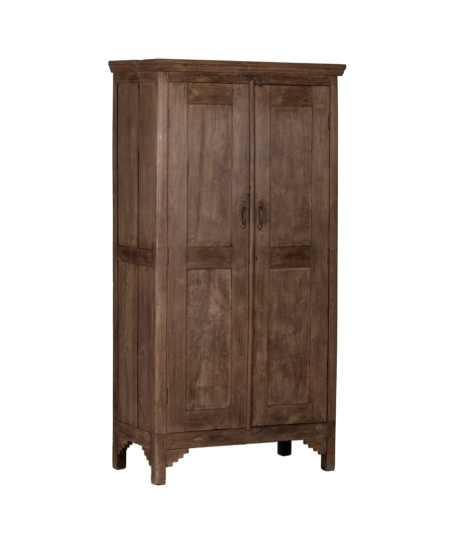 Full front view of the vintage Indian natural oak cabinet, showcasing both doors.