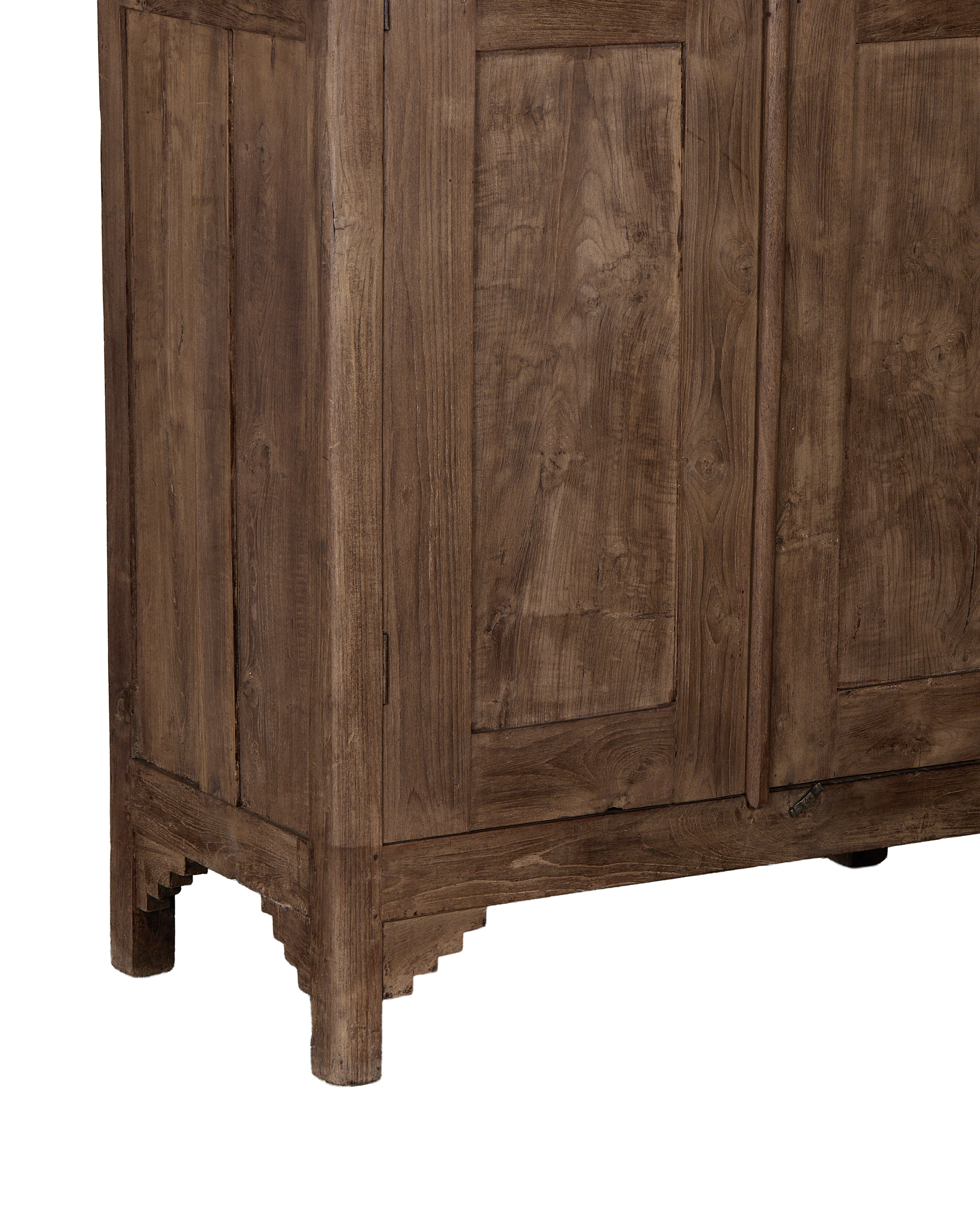 Vintage Indian oak cabinet featuring the unique scalloped relief carving on its base.