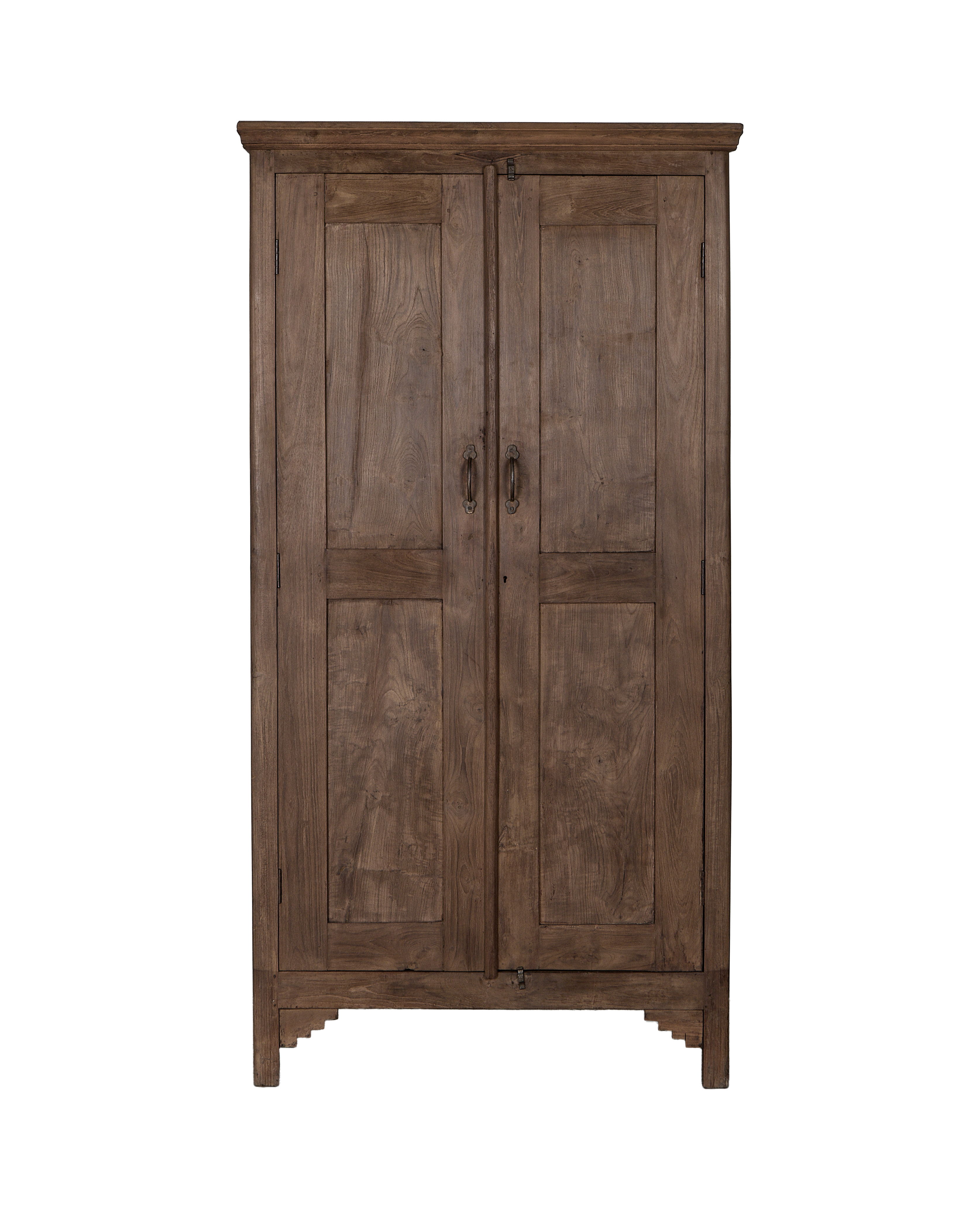 Vintage Indian solid oak wood cabinet, natural finish, featuring paneled doors and antique brass handles.