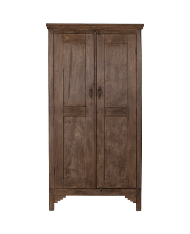 Vintage Indian solid oak wood cabinet, natural finish, featuring paneled doors and antique brass handles.