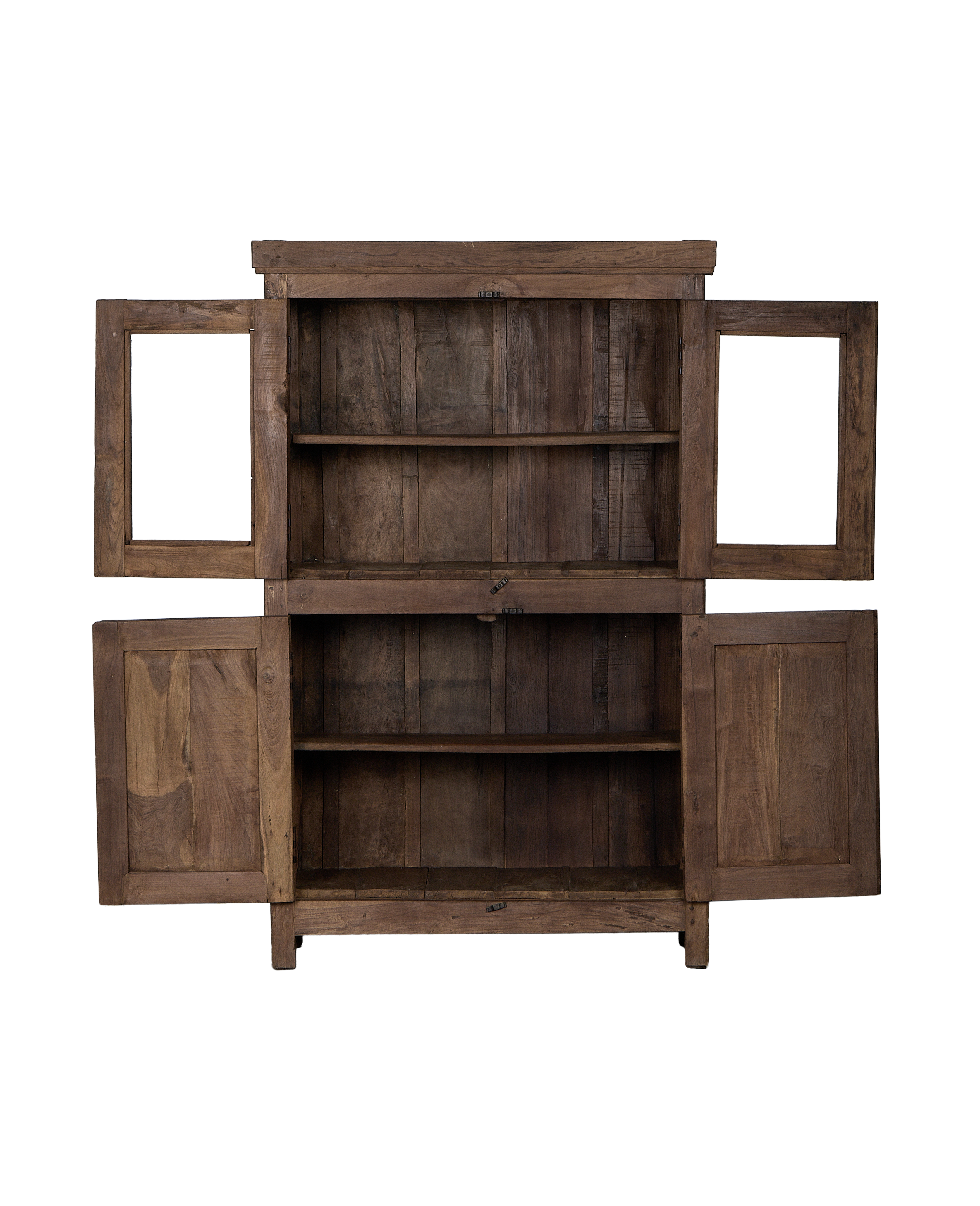 Vintage Indian oak cabinet, doors open, revealing two distressed internal shelves.