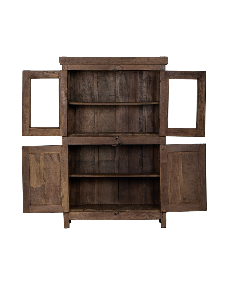 Vintage Indian oak cabinet, doors open, revealing two distressed internal shelves.