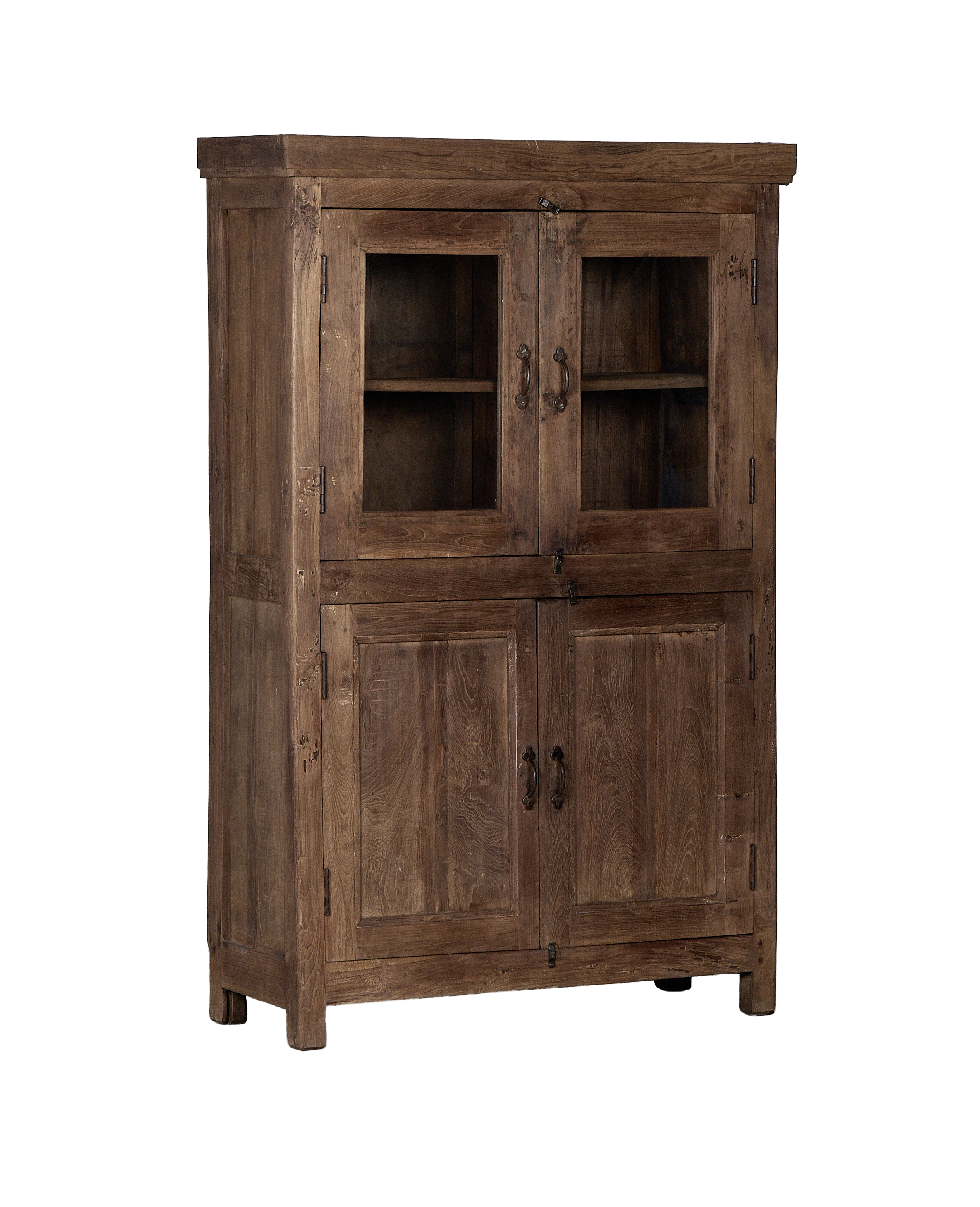 Vintage Indian oak wood cabinet, natural finish, showing distressed details on wood.