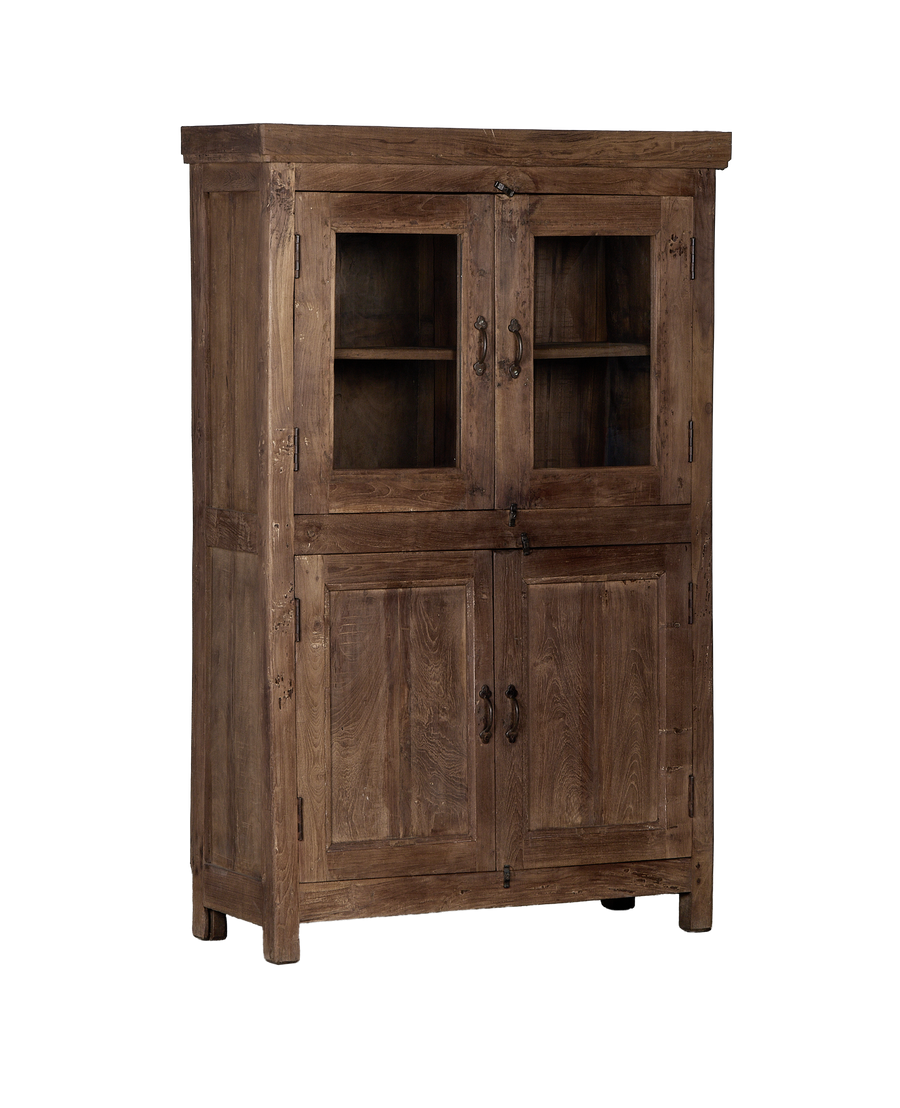 Vintage Indian oak wood cabinet, natural finish, showing distressed details on wood.