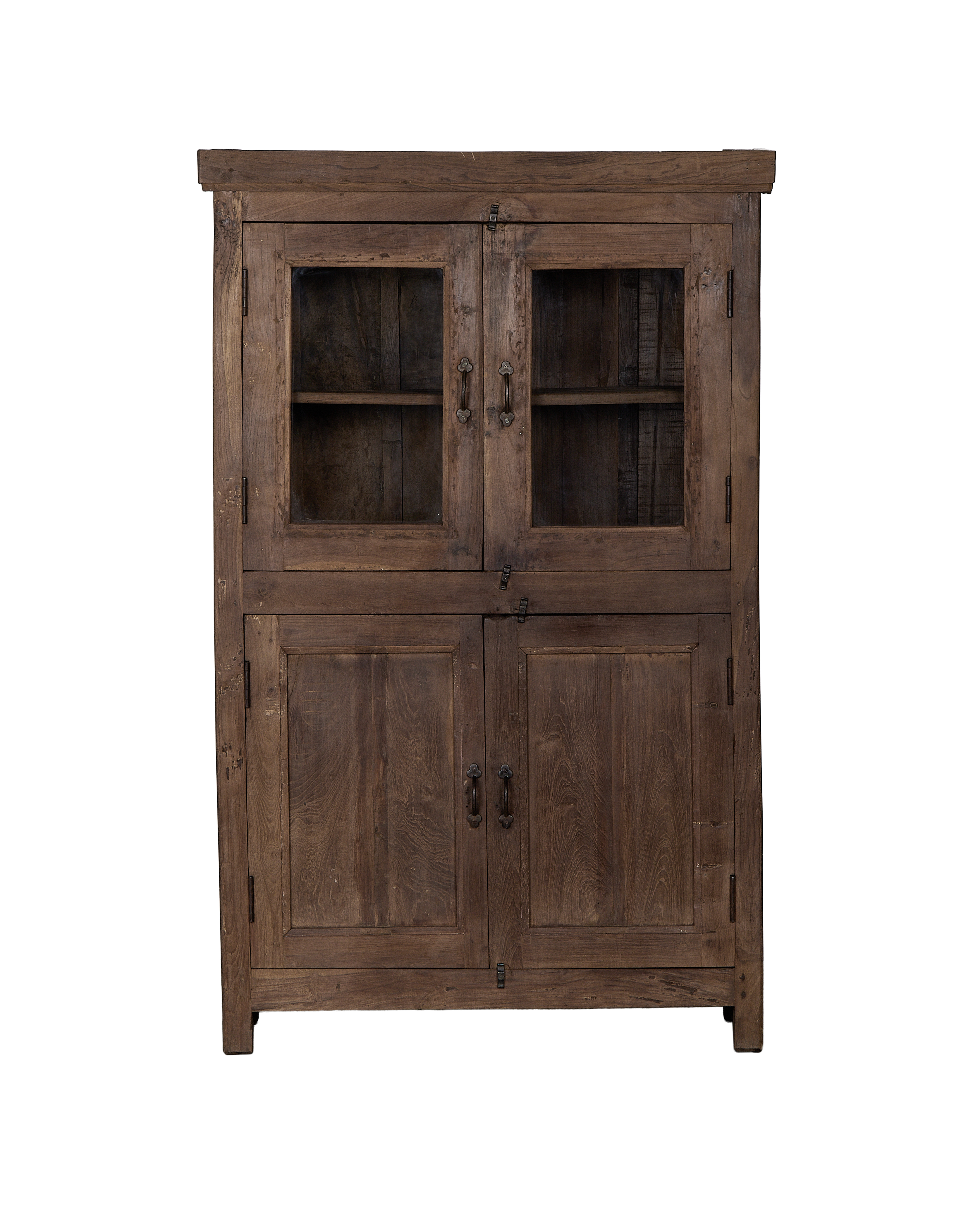 Vintage Indian oak wood cabinet, natural finish, featuring upper glass and lower wood doors.