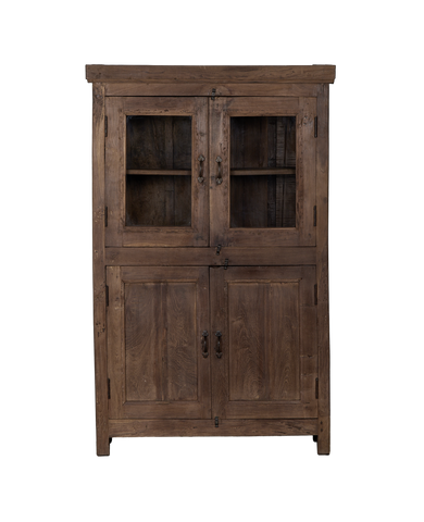Vintage Indian oak wood cabinet, natural finish, featuring upper glass and lower wood doors.