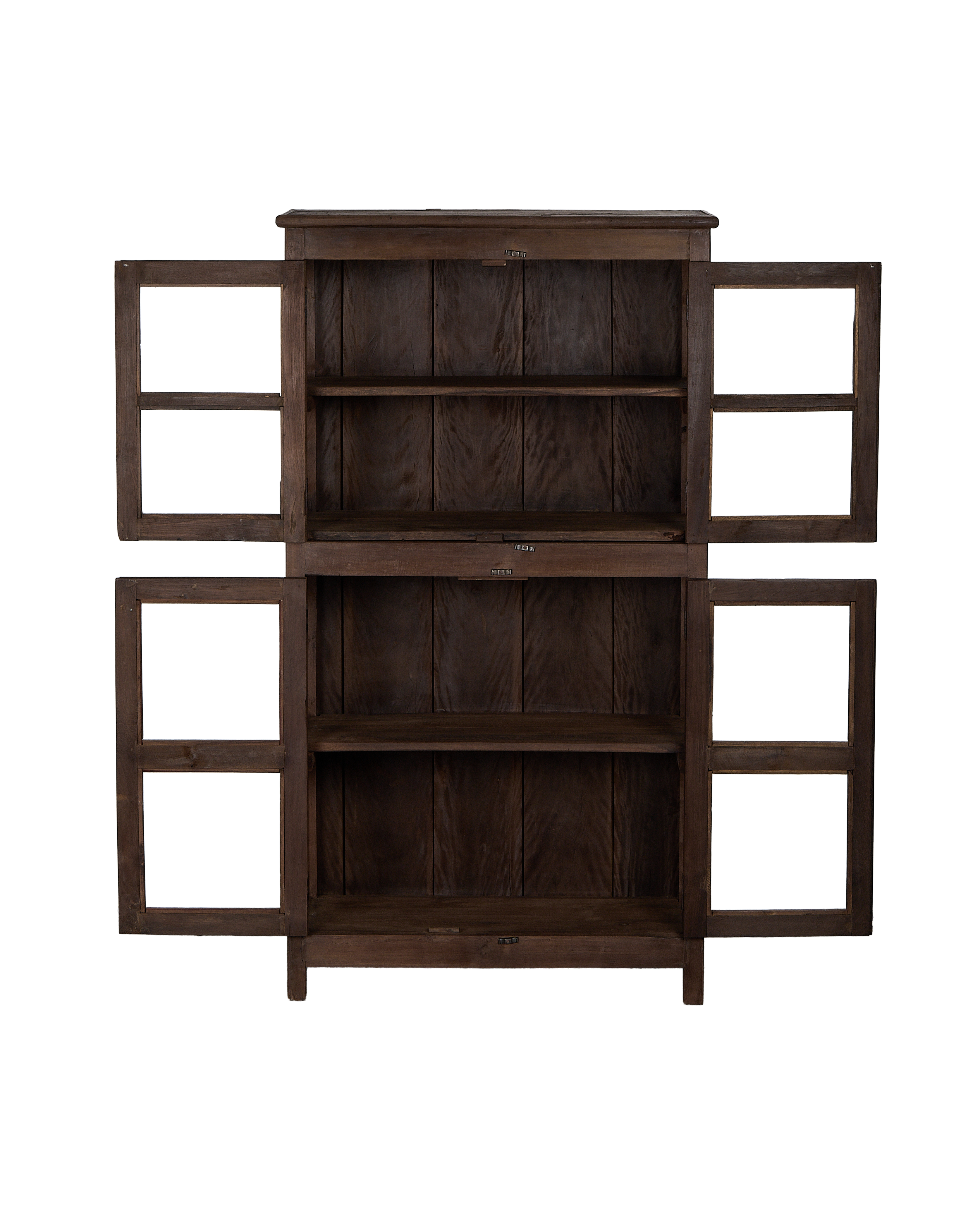 Vintage Indian oak cabinet, natural finish, featuring all four doors open, revealing shelves.