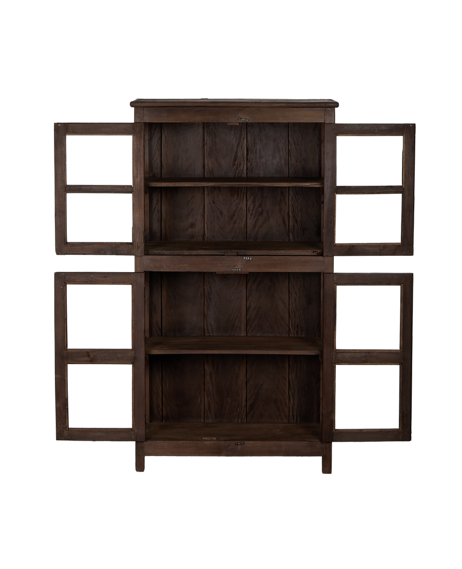 Vintage Indian oak cabinet, natural finish, featuring all four doors open, revealing shelves.