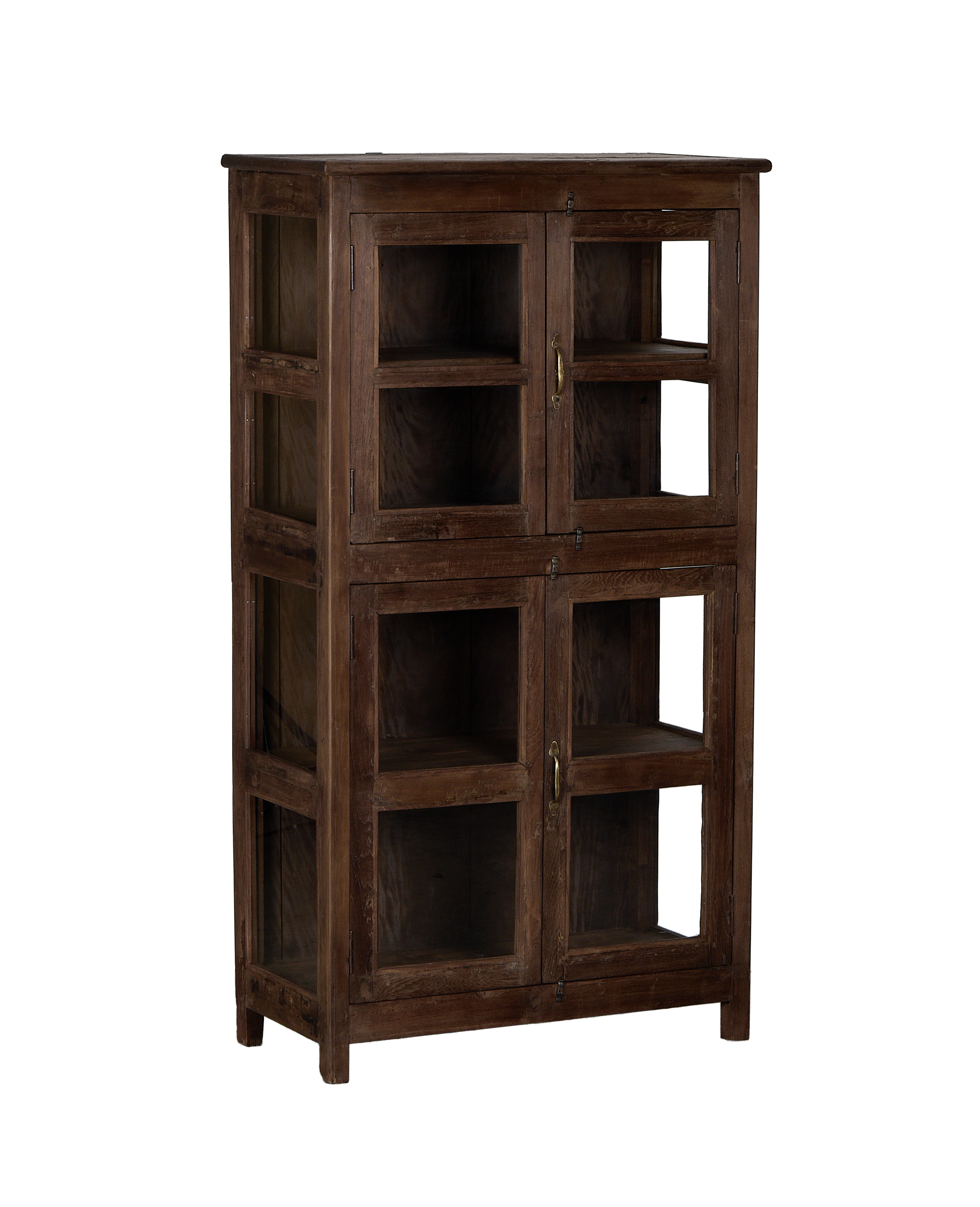 Indian vintage oak wooden display cabinet, side angle showing glass doors.