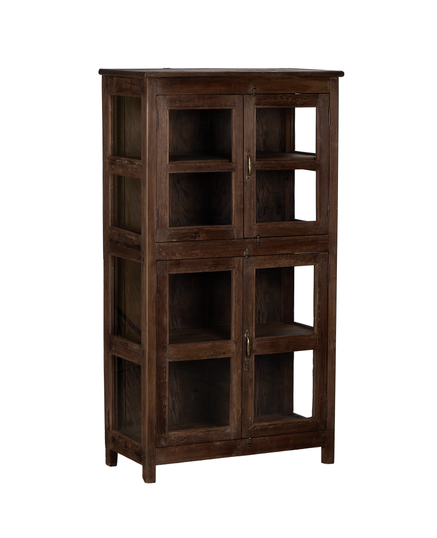Indian vintage oak wooden display cabinet, side angle showing glass doors.