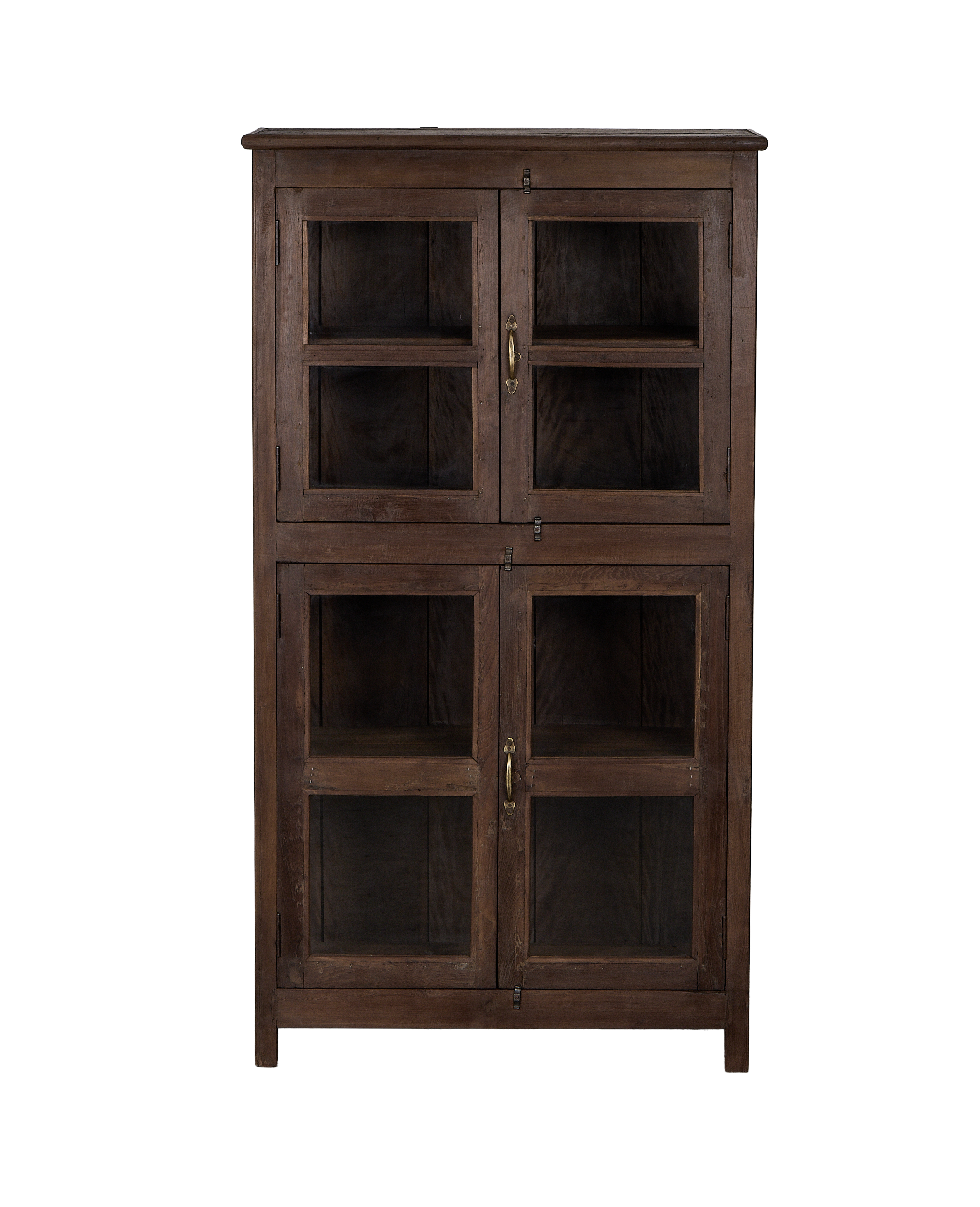 Vintage Indian natural oak wood cabinet, four glass doors, brass handle, rustic finish.