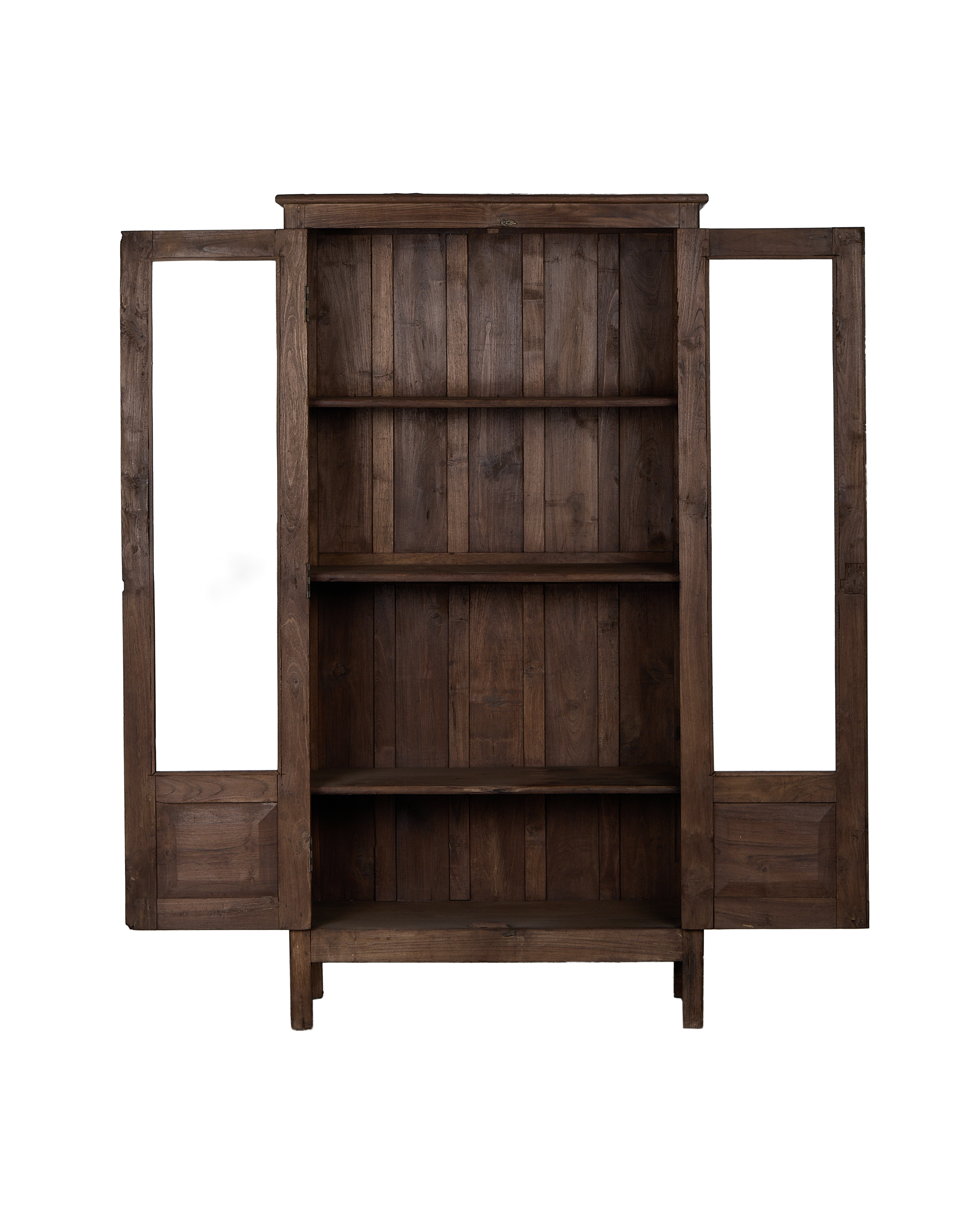 Vintage Indian oak wood cabinet, doors open, showcasing interior shelves and wood grain.