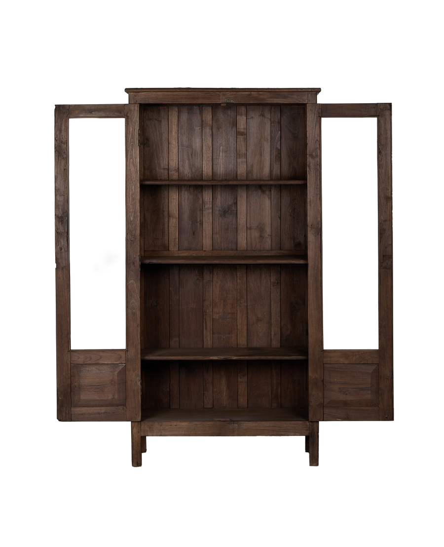 Vintage Indian oak wood cabinet, doors open, showcasing interior shelves and wood grain.