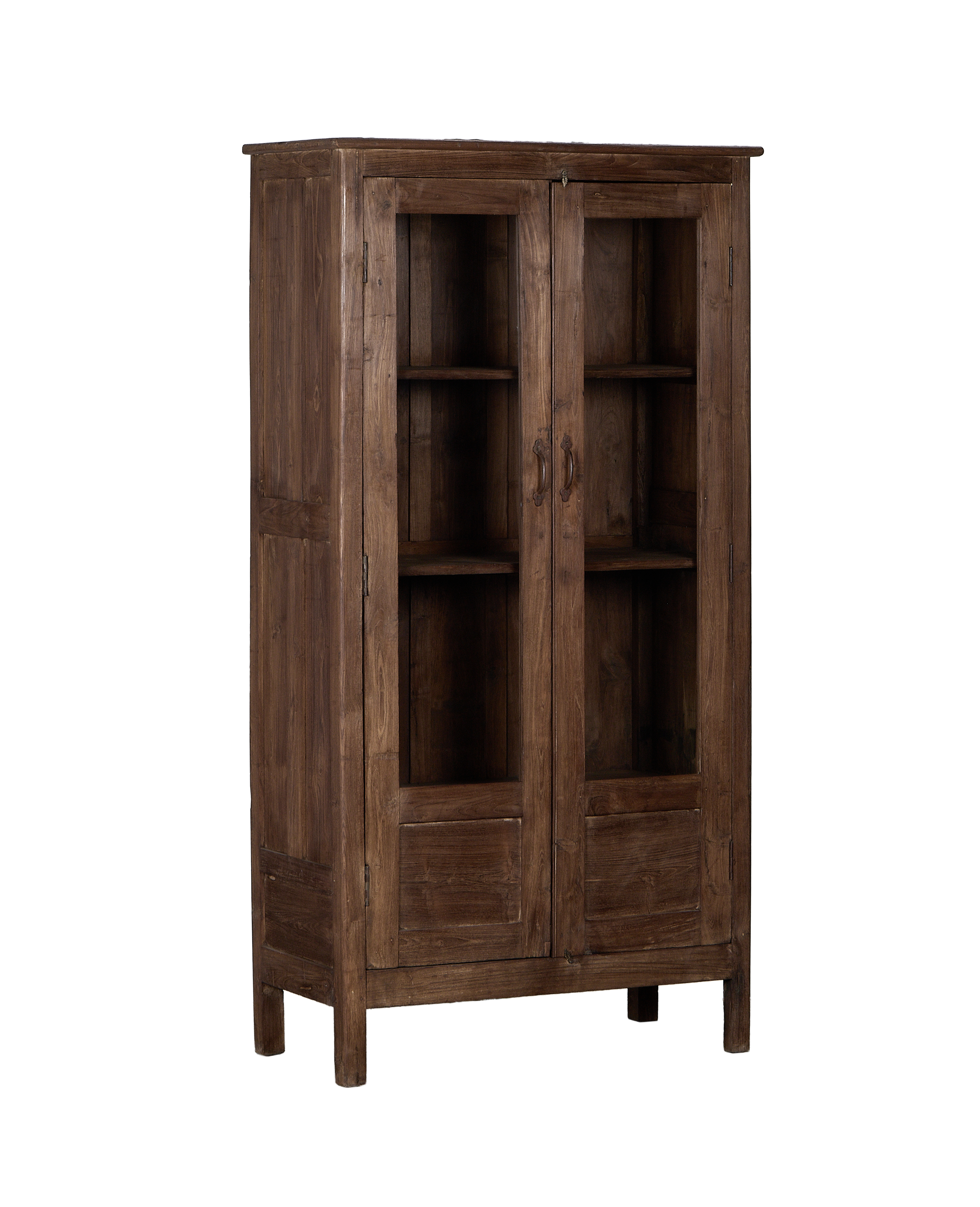 Vintage oak wood cabinet from India, showing closed glass doors and visible interior shelves.