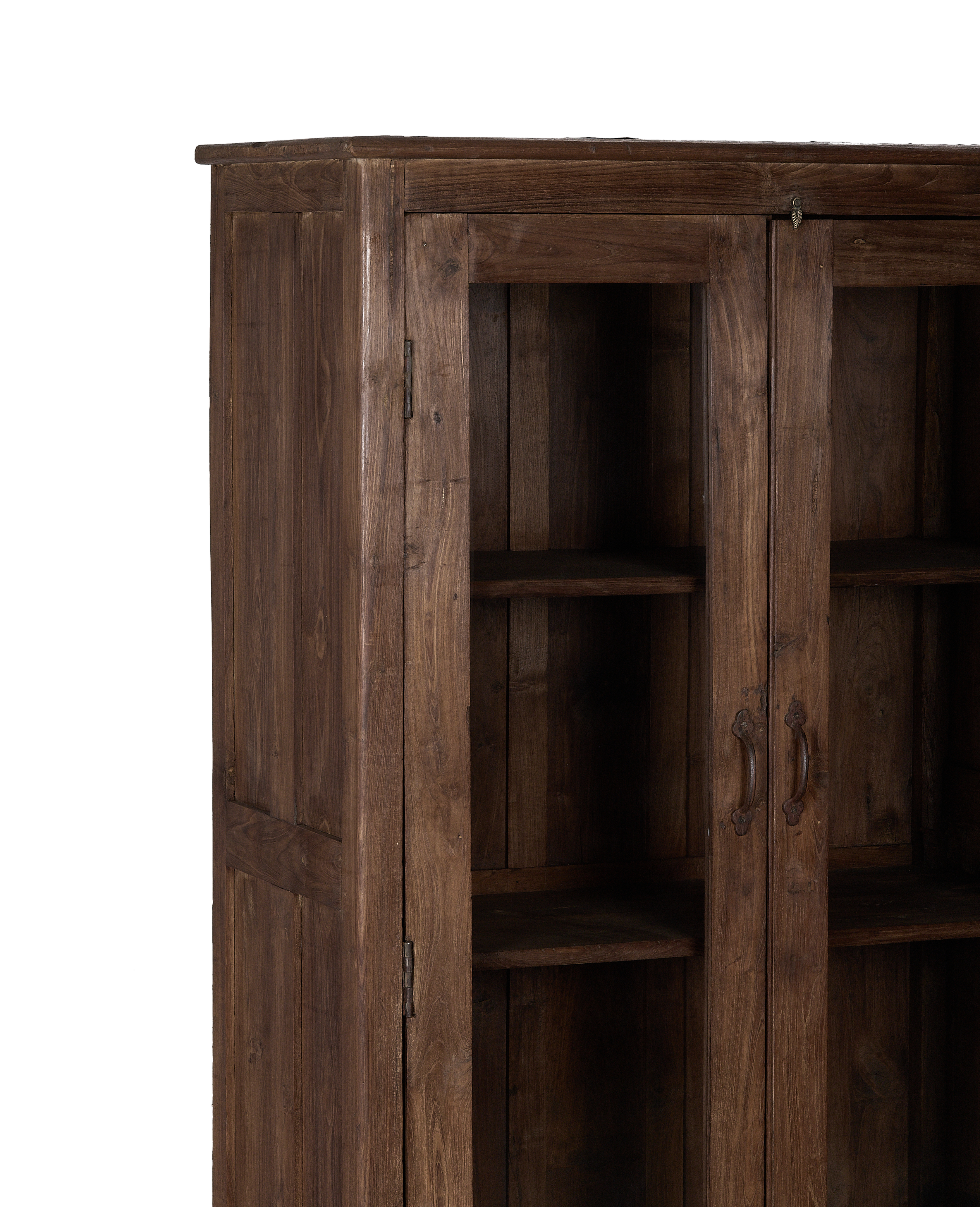 Vintage Indian oak cabinet: detailed view of open glass display door, wood grain, shelves.