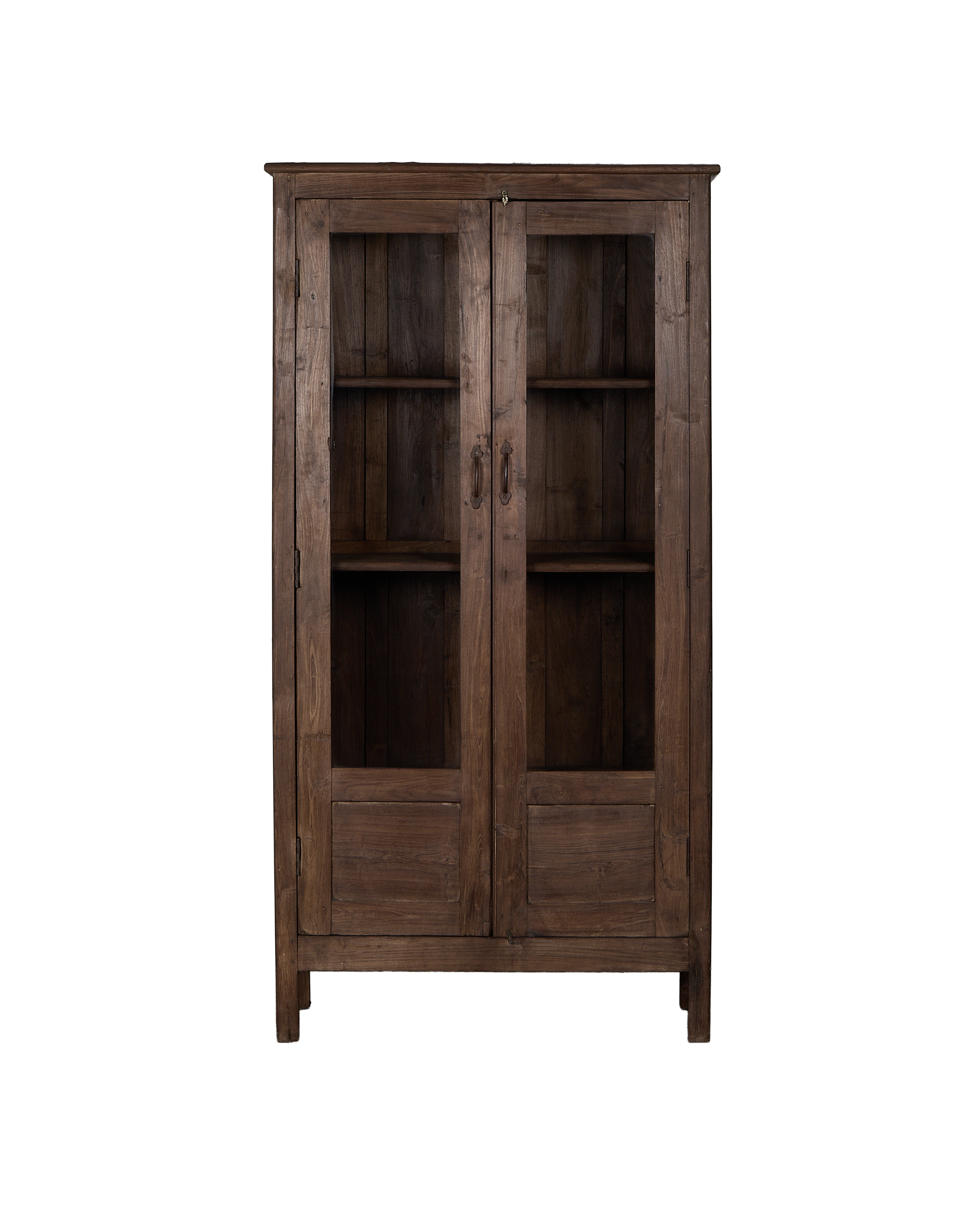 Vintage Indian oak wood cabinet, natural finish, featuring two glass-paned doors with intricate handles.