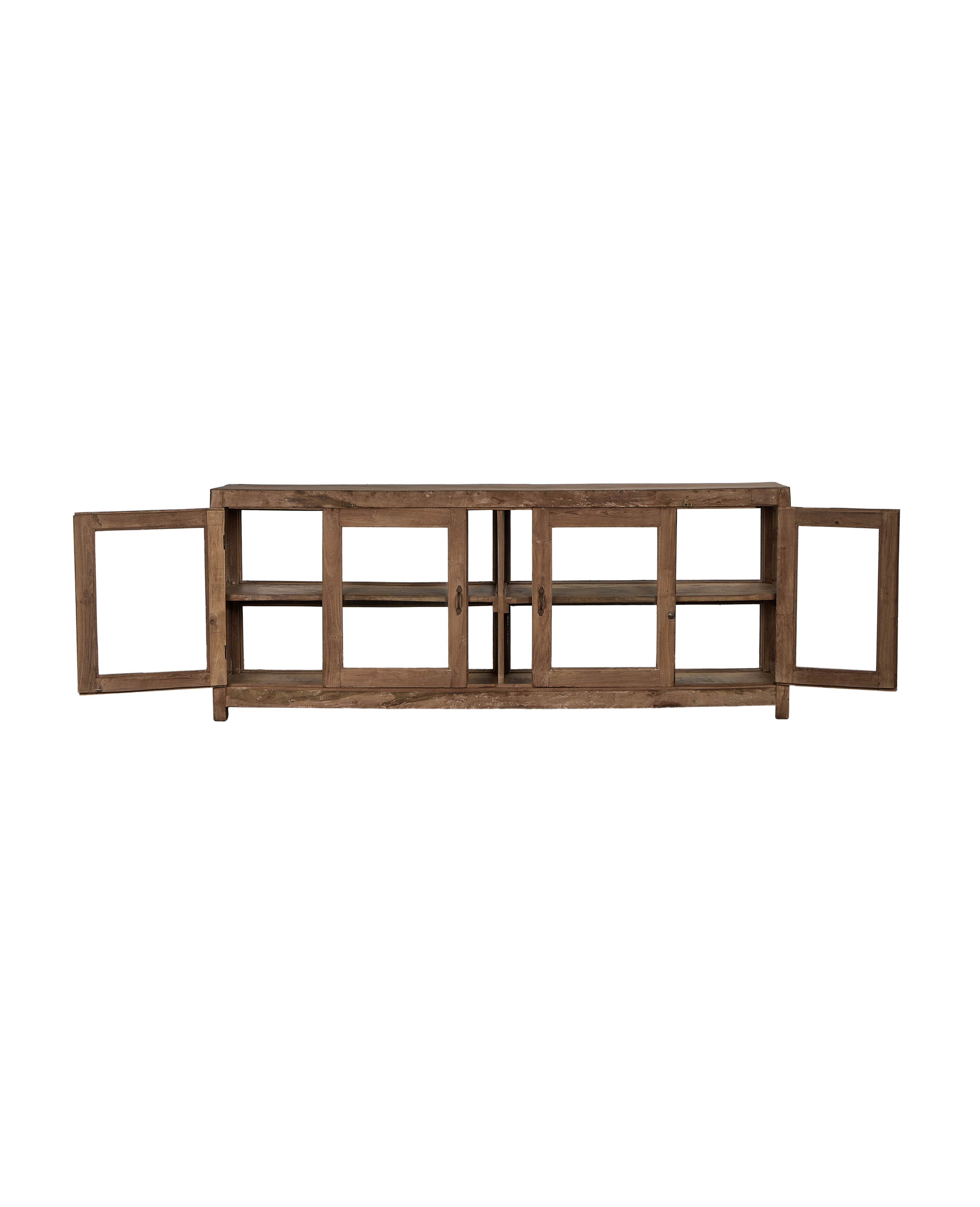 Vintage natural oak wood sideboard with glass doors fully open, showcasing interior shelves.