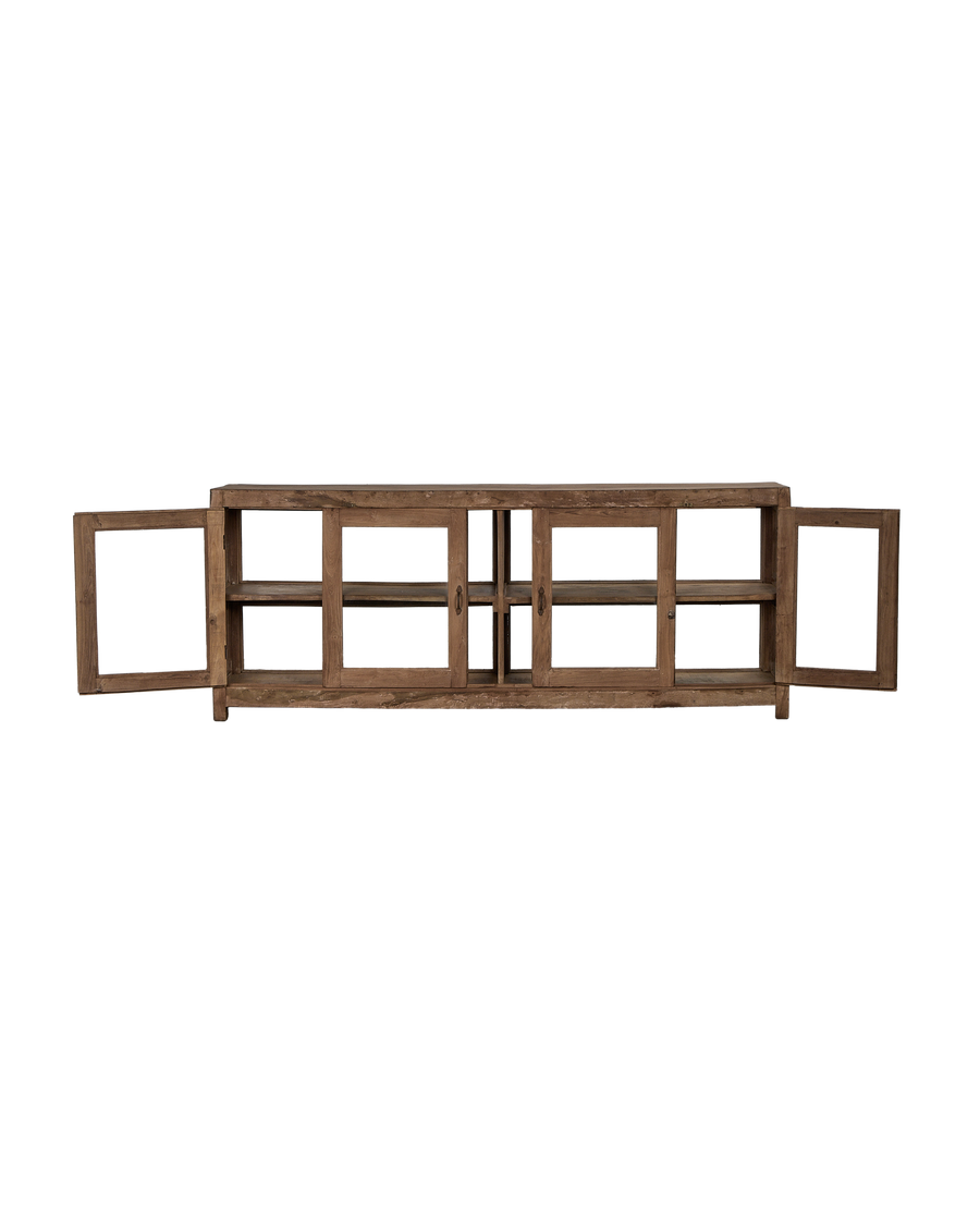 Vintage natural oak wood sideboard with glass doors fully open, showcasing interior shelves.