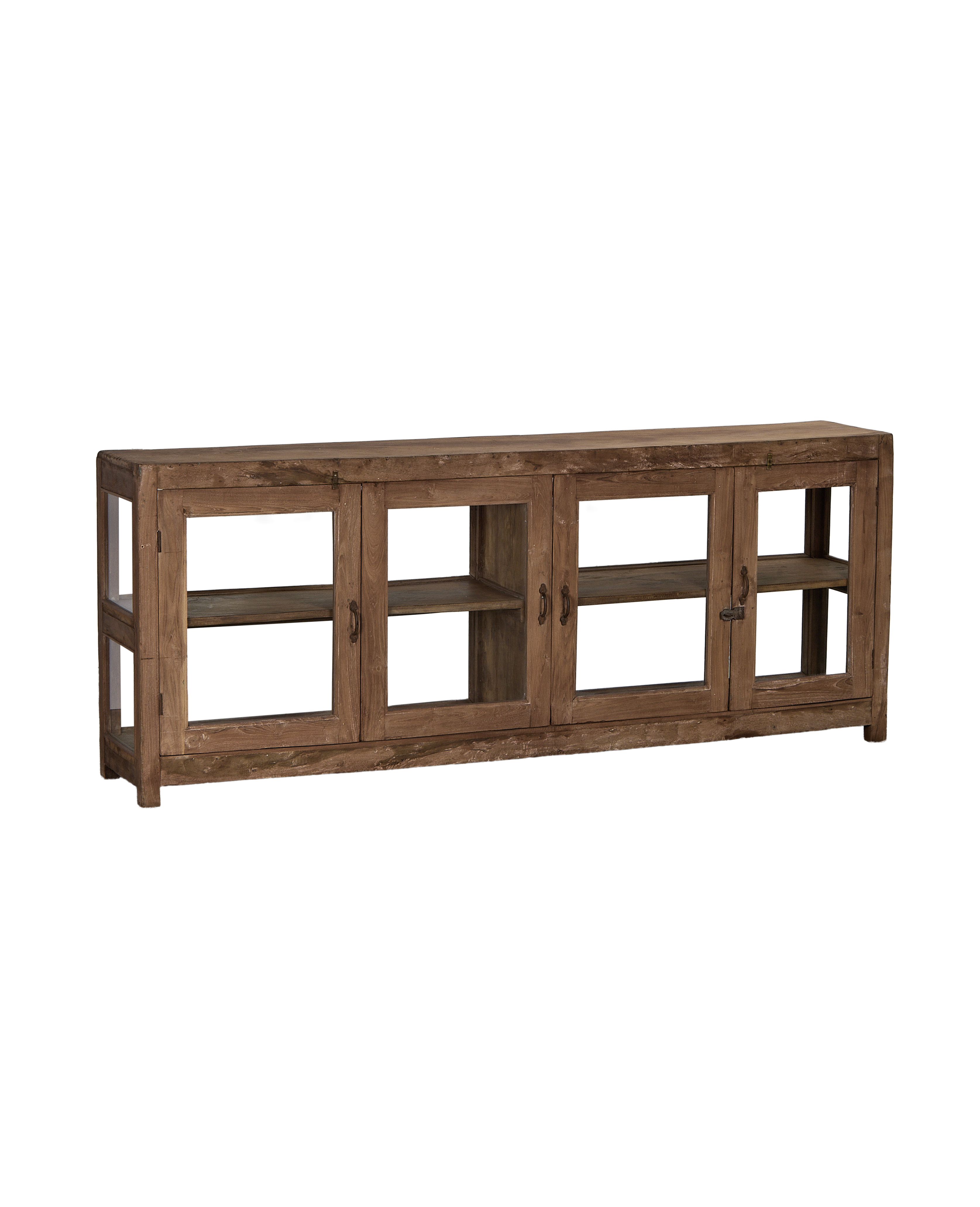 Vintage natural oak sideboard, India, showing four glass doors and interior shelving.