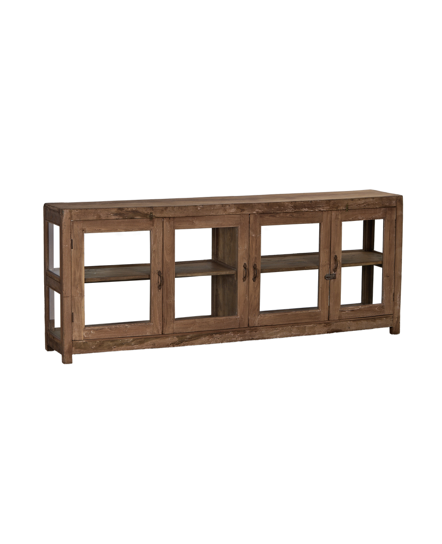 Vintage natural oak sideboard, India, showing four glass doors and interior shelving.