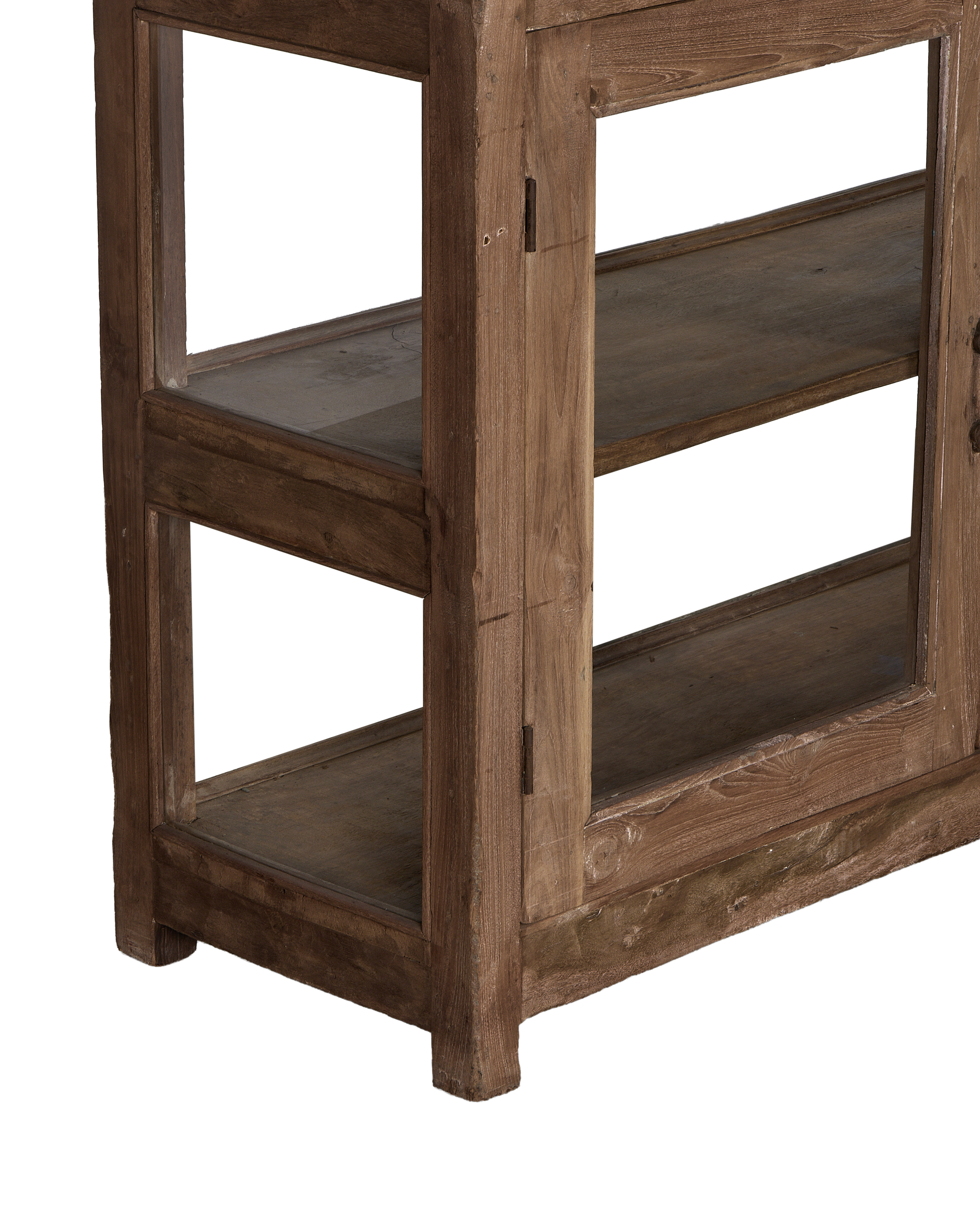 Vintage Indian oak sideboard's weathered wood shelves and sturdy legs, natural finish.