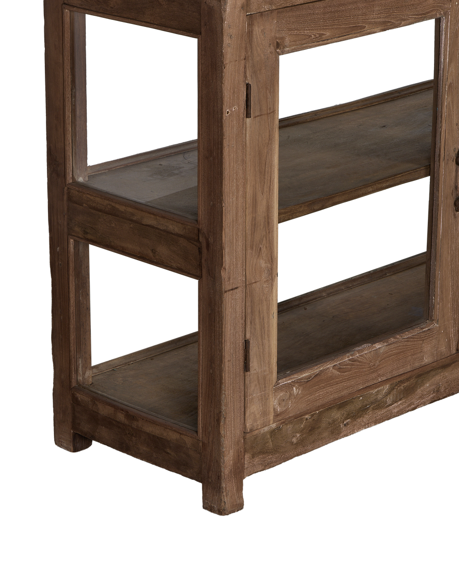 Vintage Indian oak sideboard's weathered wood shelves and sturdy legs, natural finish.