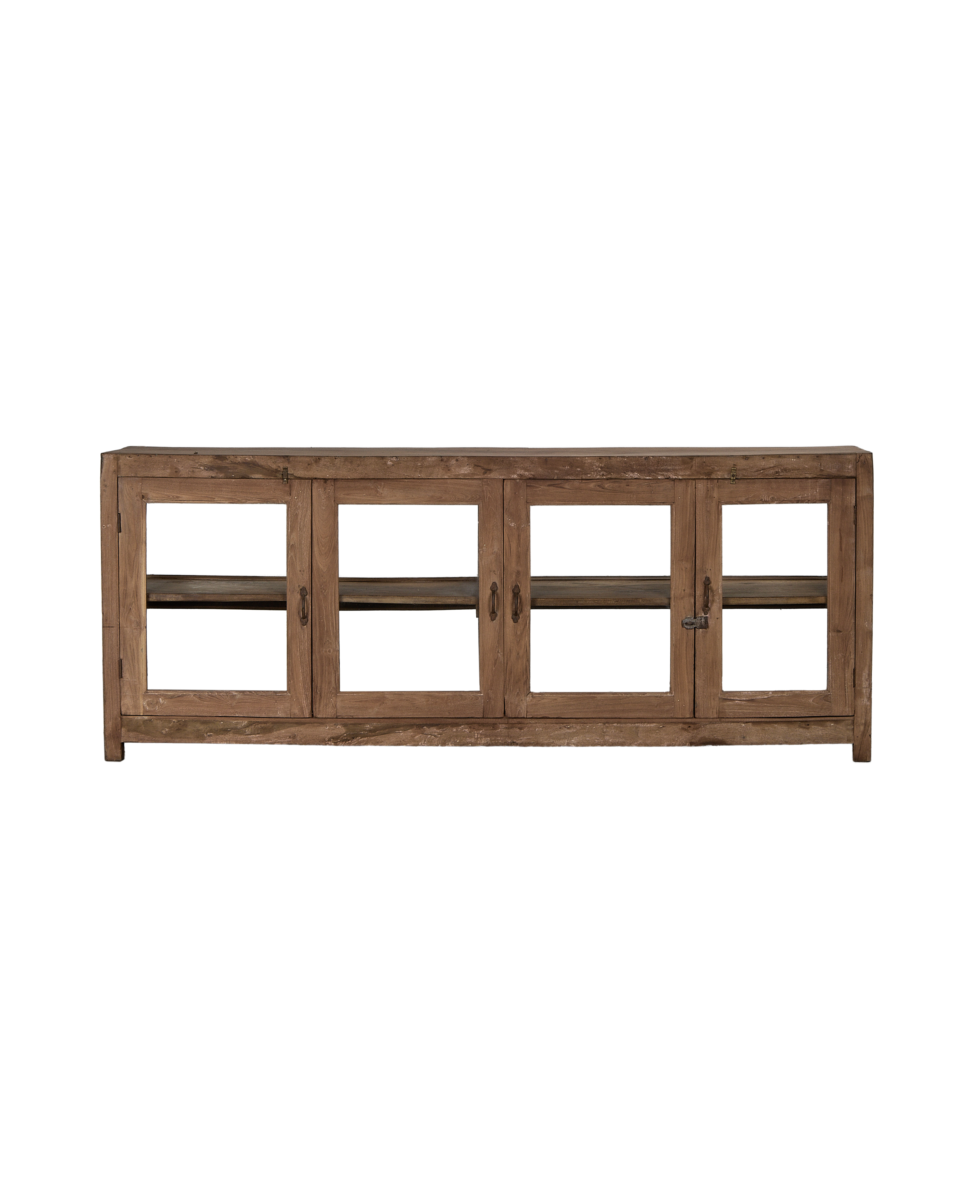 Natural vintage oak sideboard from India with four distressed glass cabinet doors and shelves.
