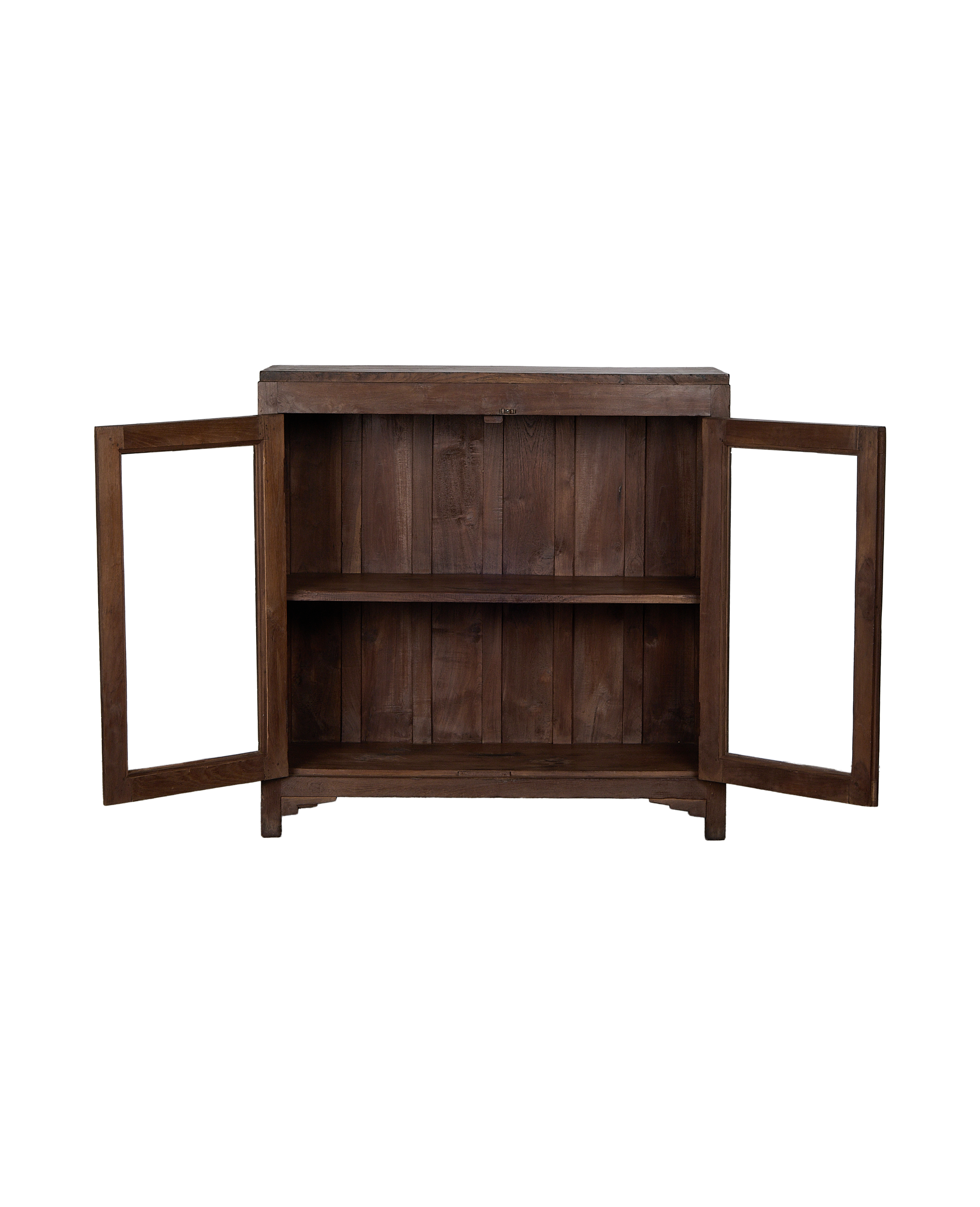 Vintage Indian oak cabinet displaying interior shelving and open glass-front doors.