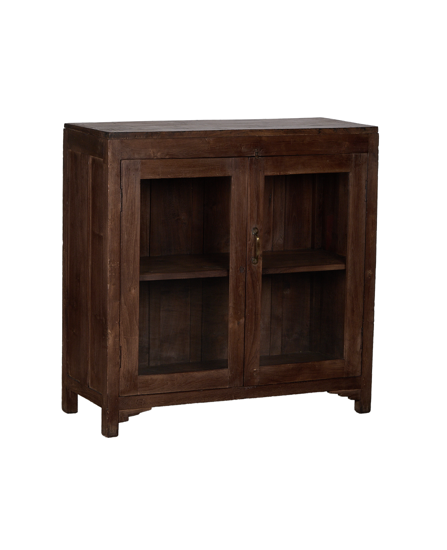 Vintage Indian oak wood cabinet, natural finish, featuring brass handle.