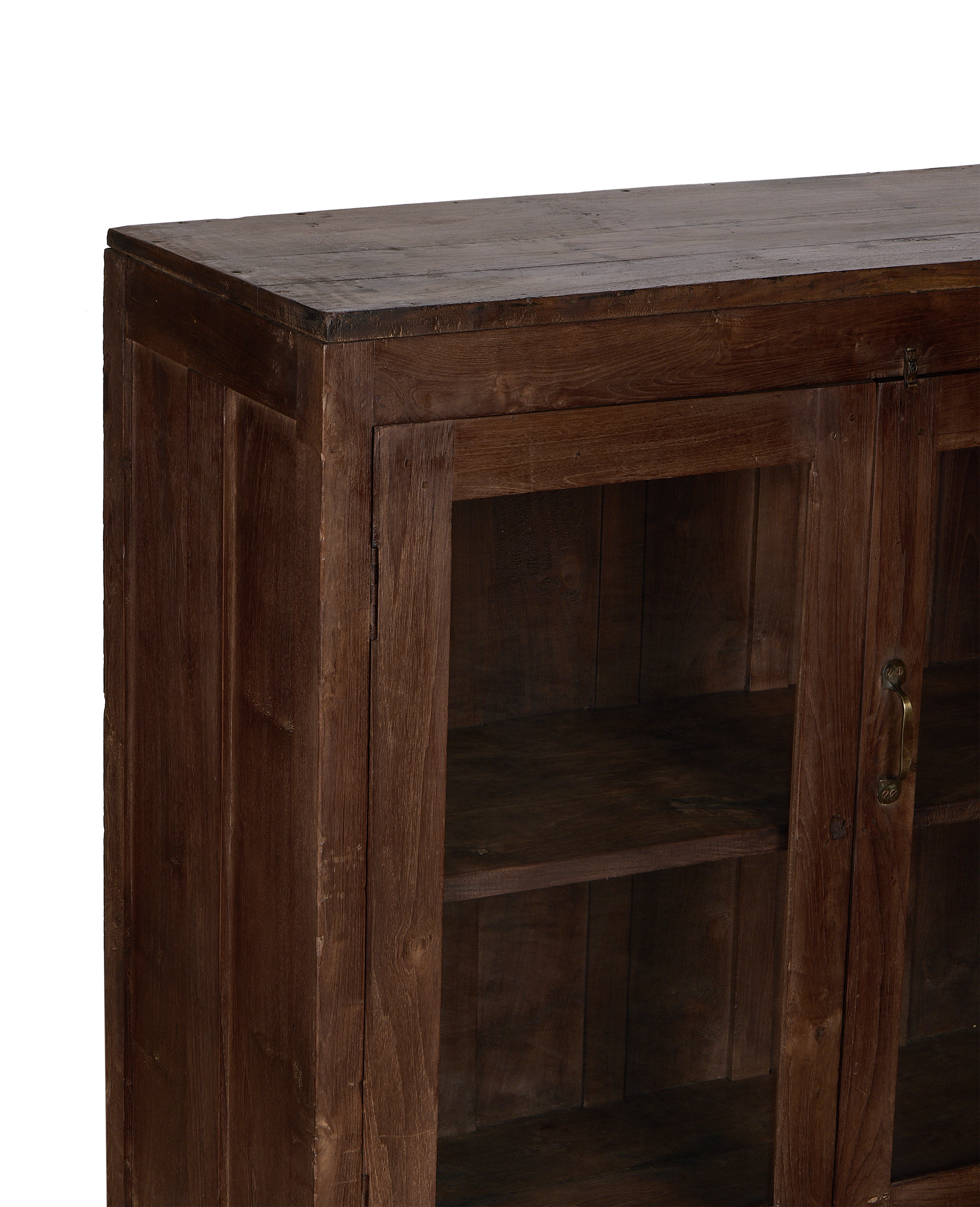 Vintage Indian oak wood cabinet, close-up of natural wood grain on top surface.
