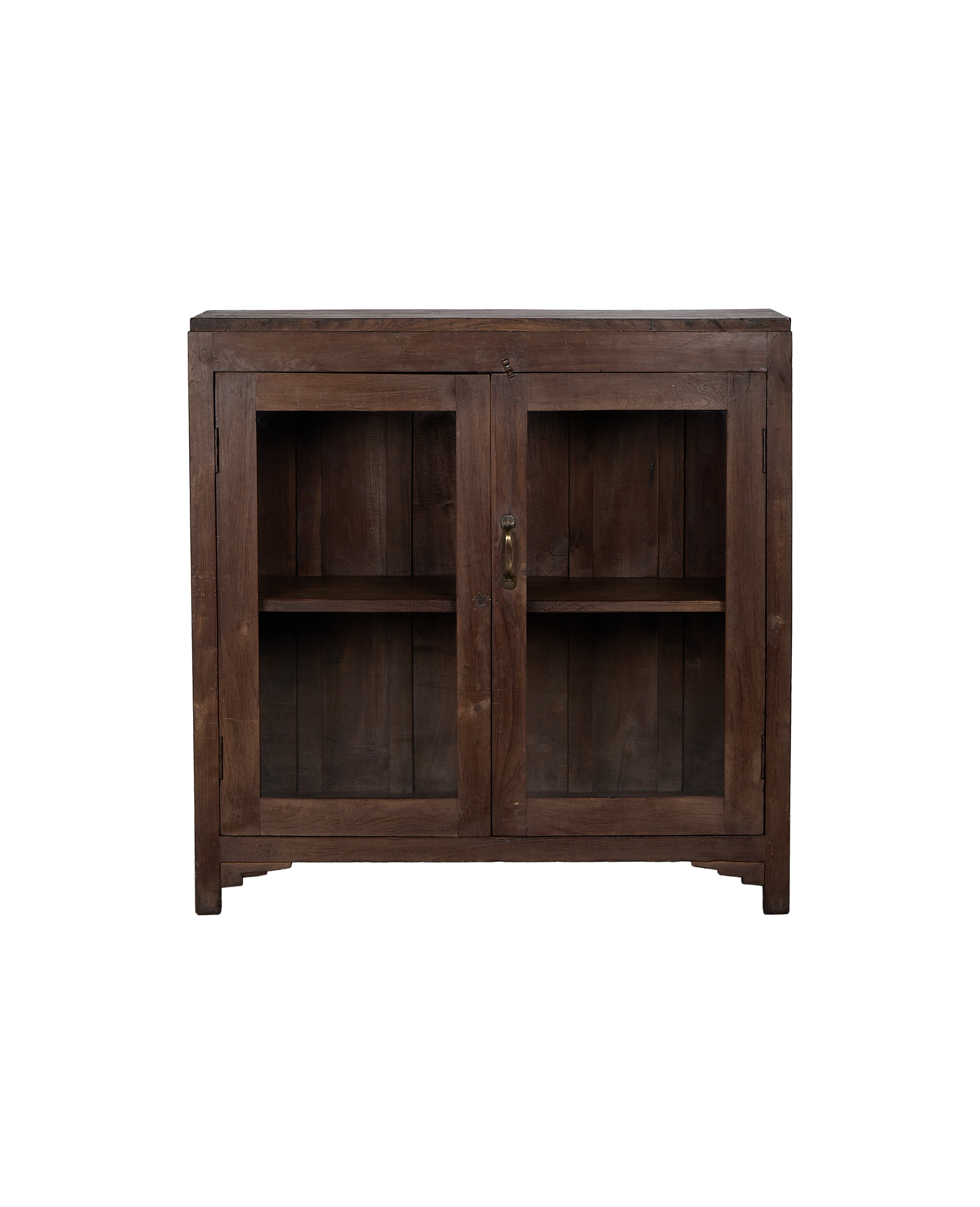 Vintage Indian oak cabinet, natural finish, featuring dual glass doors with brass handle.