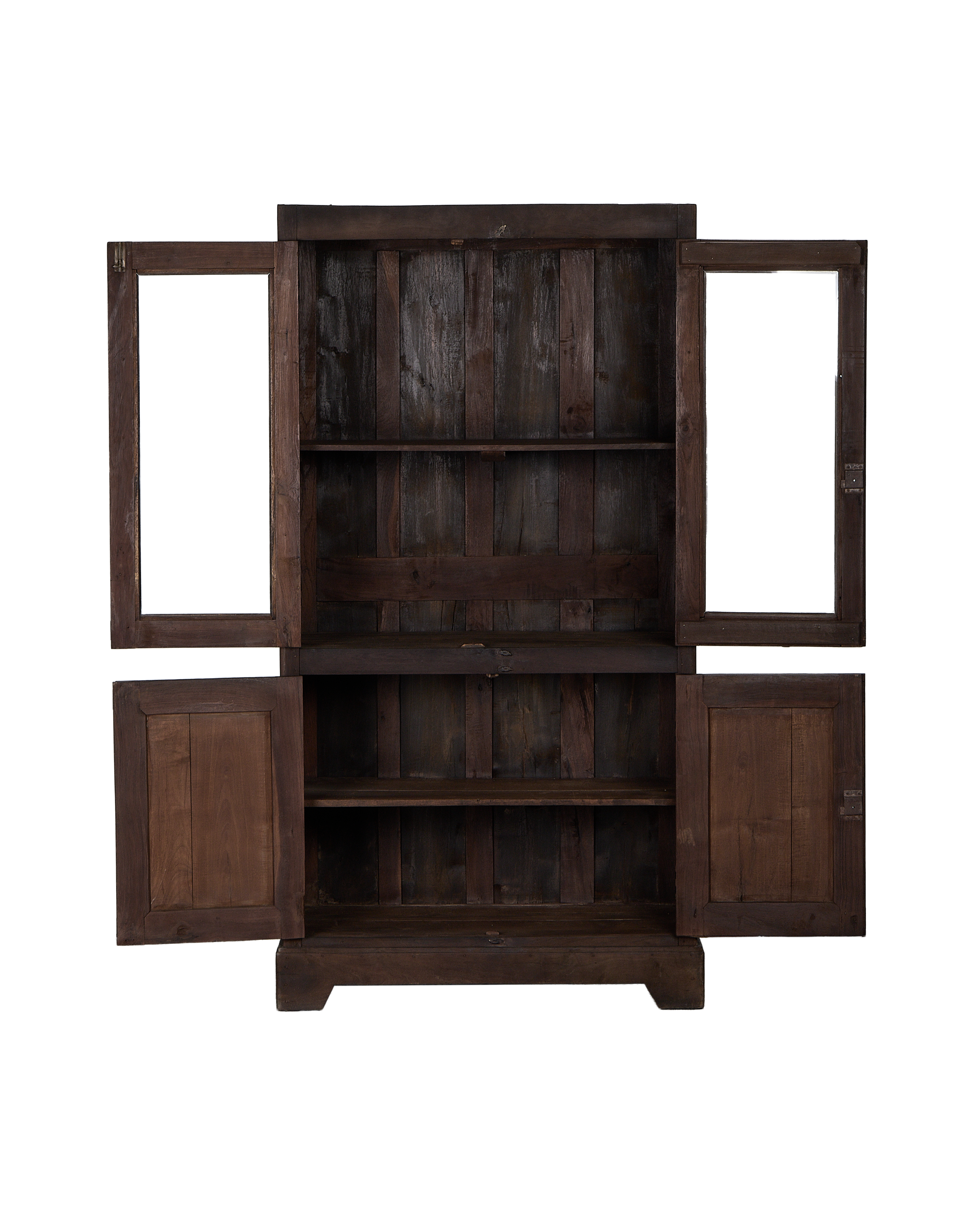 Vintage stained oak cabinet from India, all four doors open, revealing shelves.