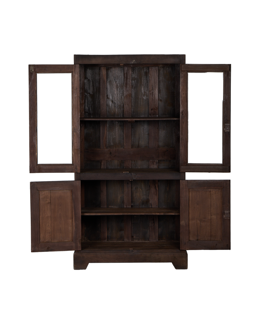 Vintage stained oak cabinet from India, all four doors open, revealing shelves.