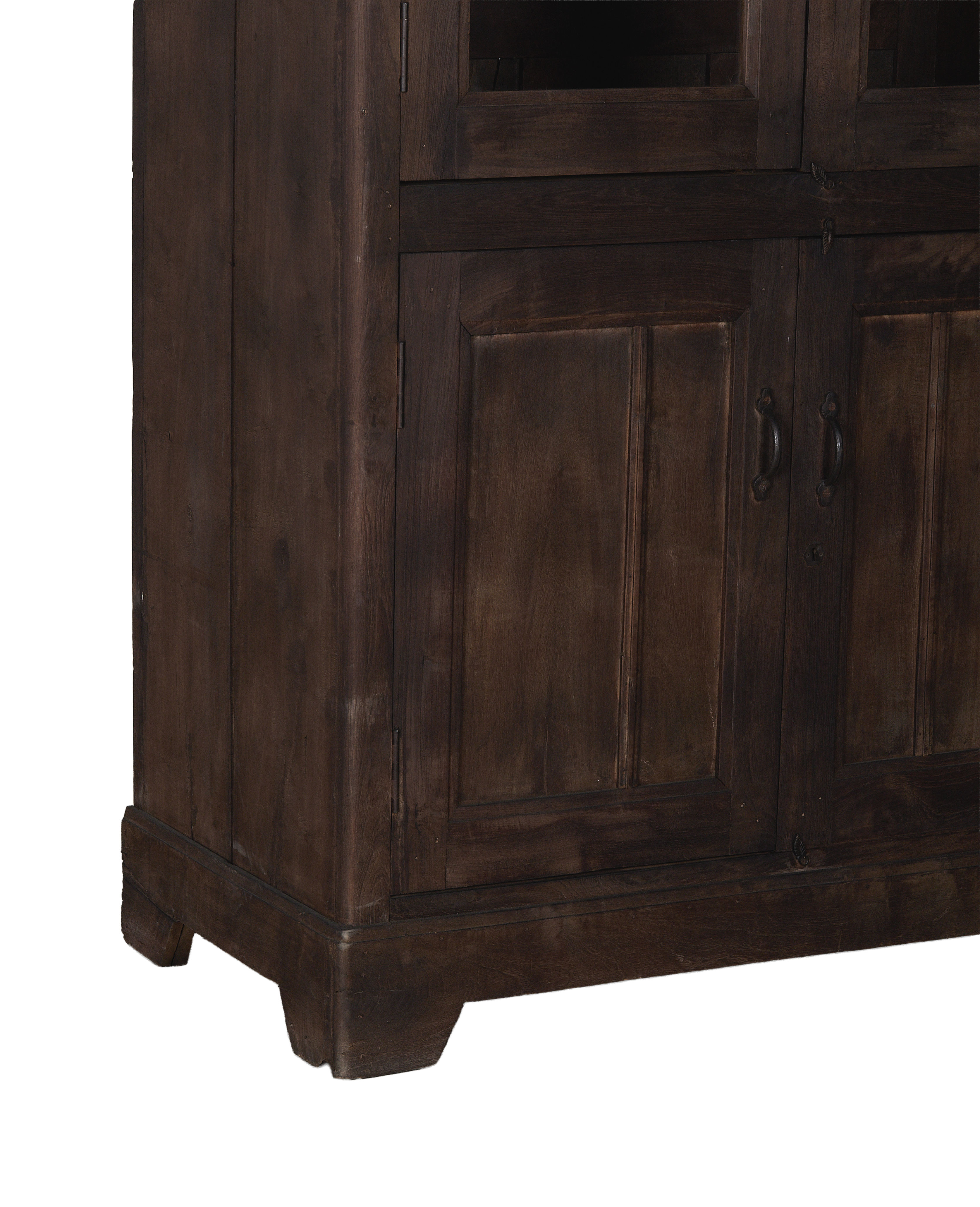 Vintage stained oak wood cabinet: right side angle showing lower doors, hardware, and base detail.