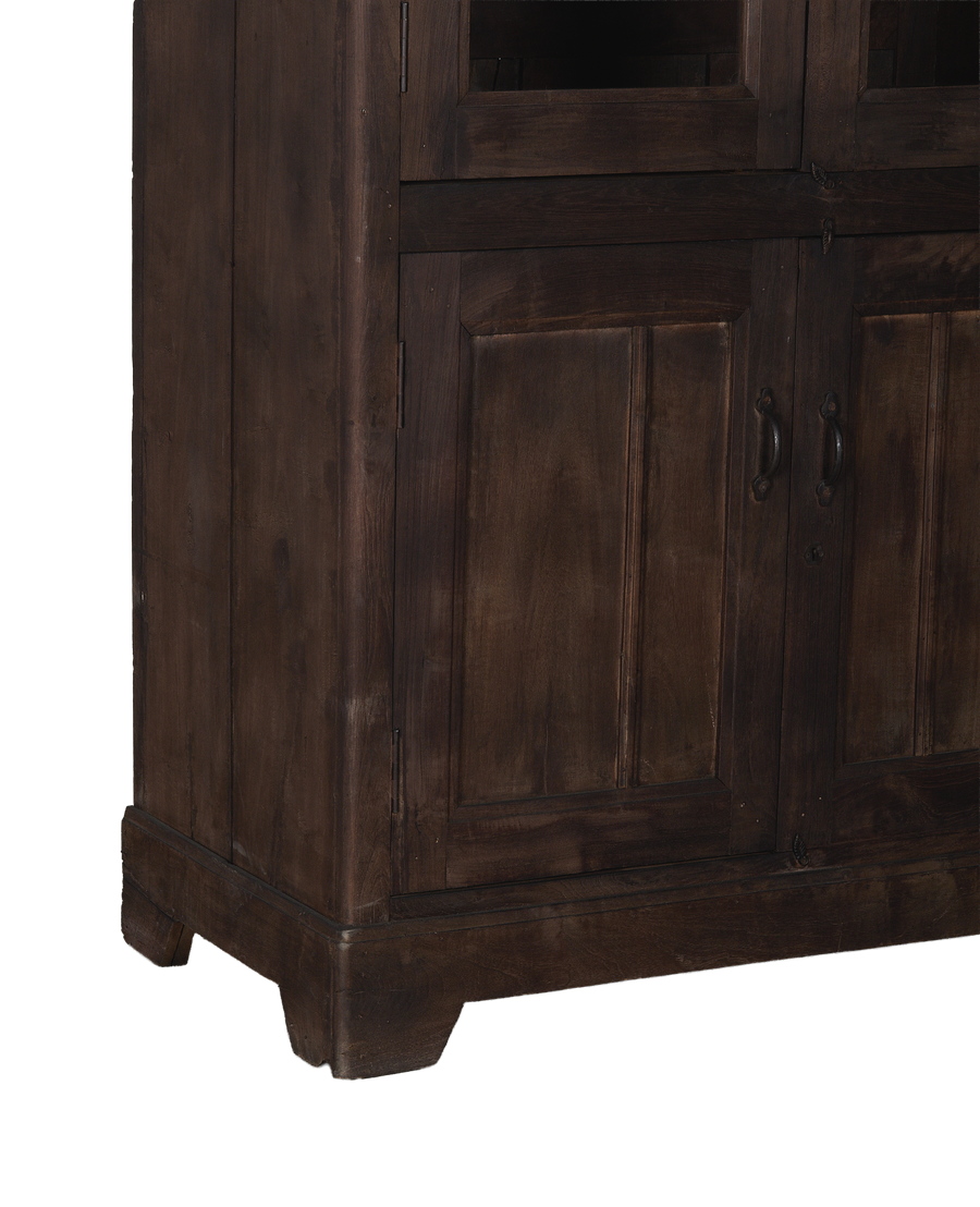 Vintage stained oak wood cabinet: right side angle showing lower doors, hardware, and base detail.