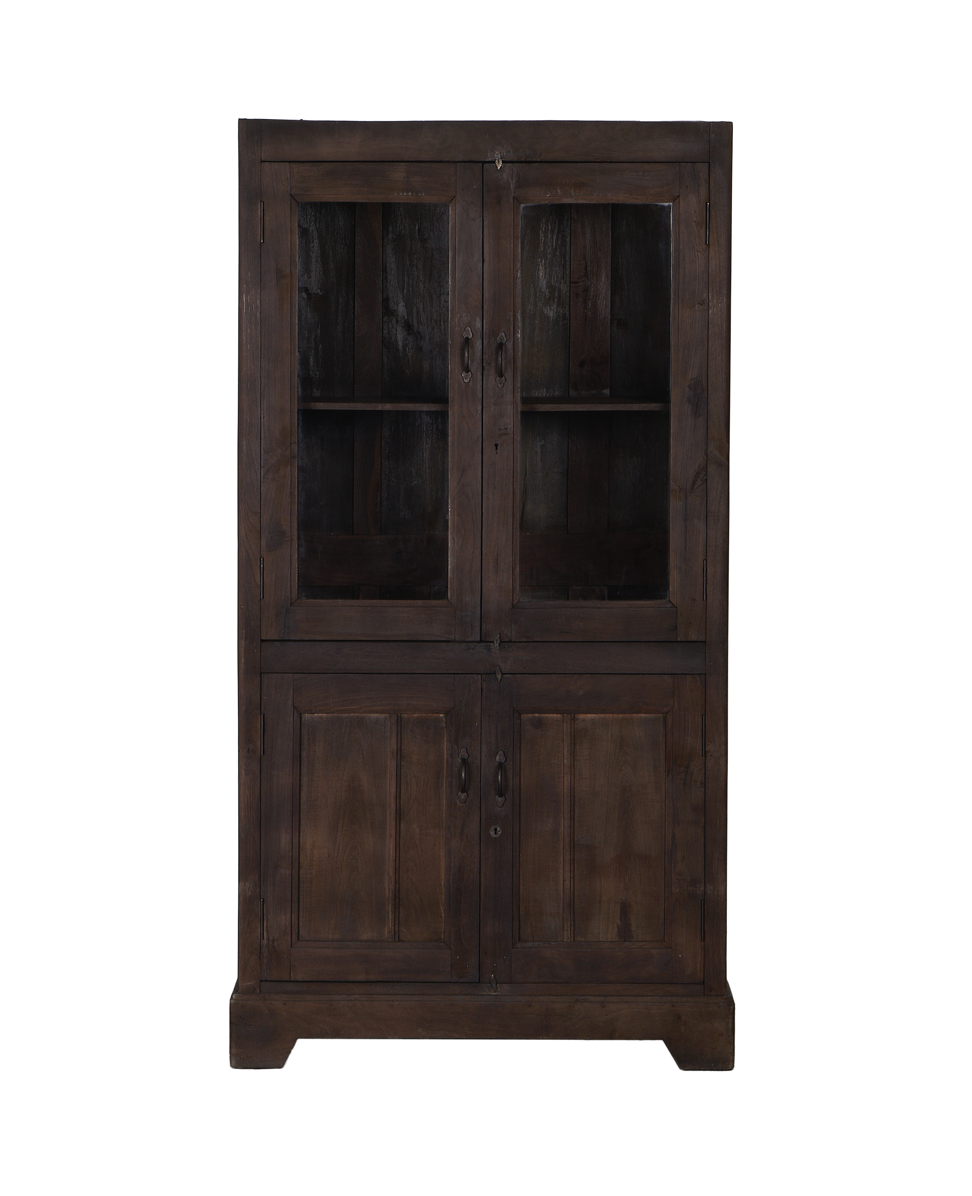 Vintage dark-stained oak cabinet from India with glass upper doors, wood lower doors.