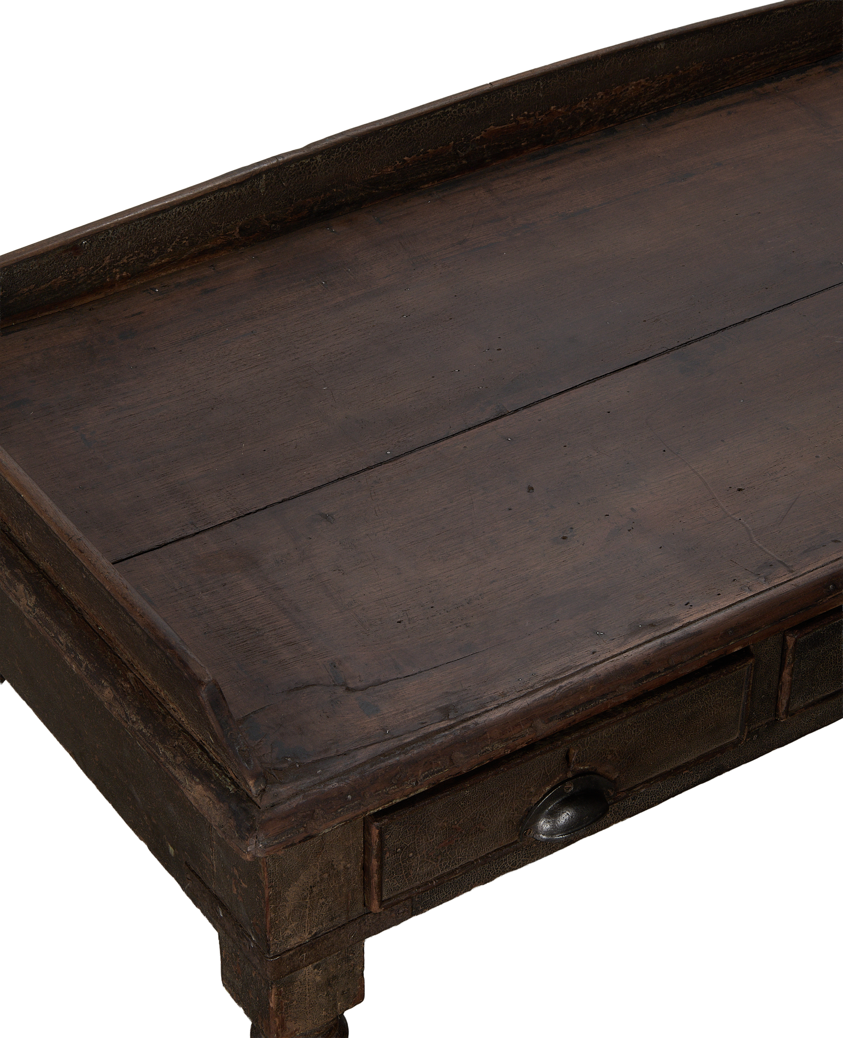 Vintage oak wood desk top and drawer detail, natural finish from India.
