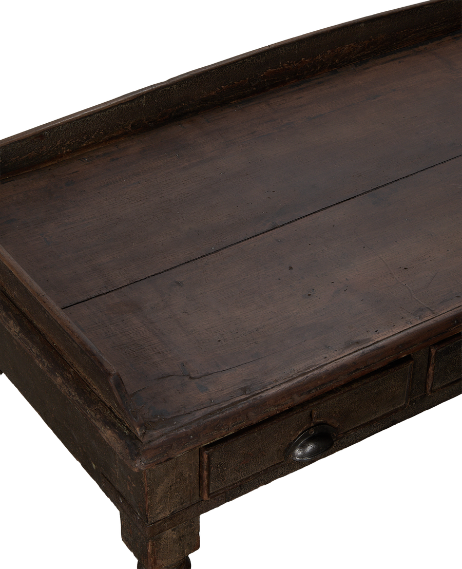 Vintage oak wood desk top and drawer detail, natural finish from India.