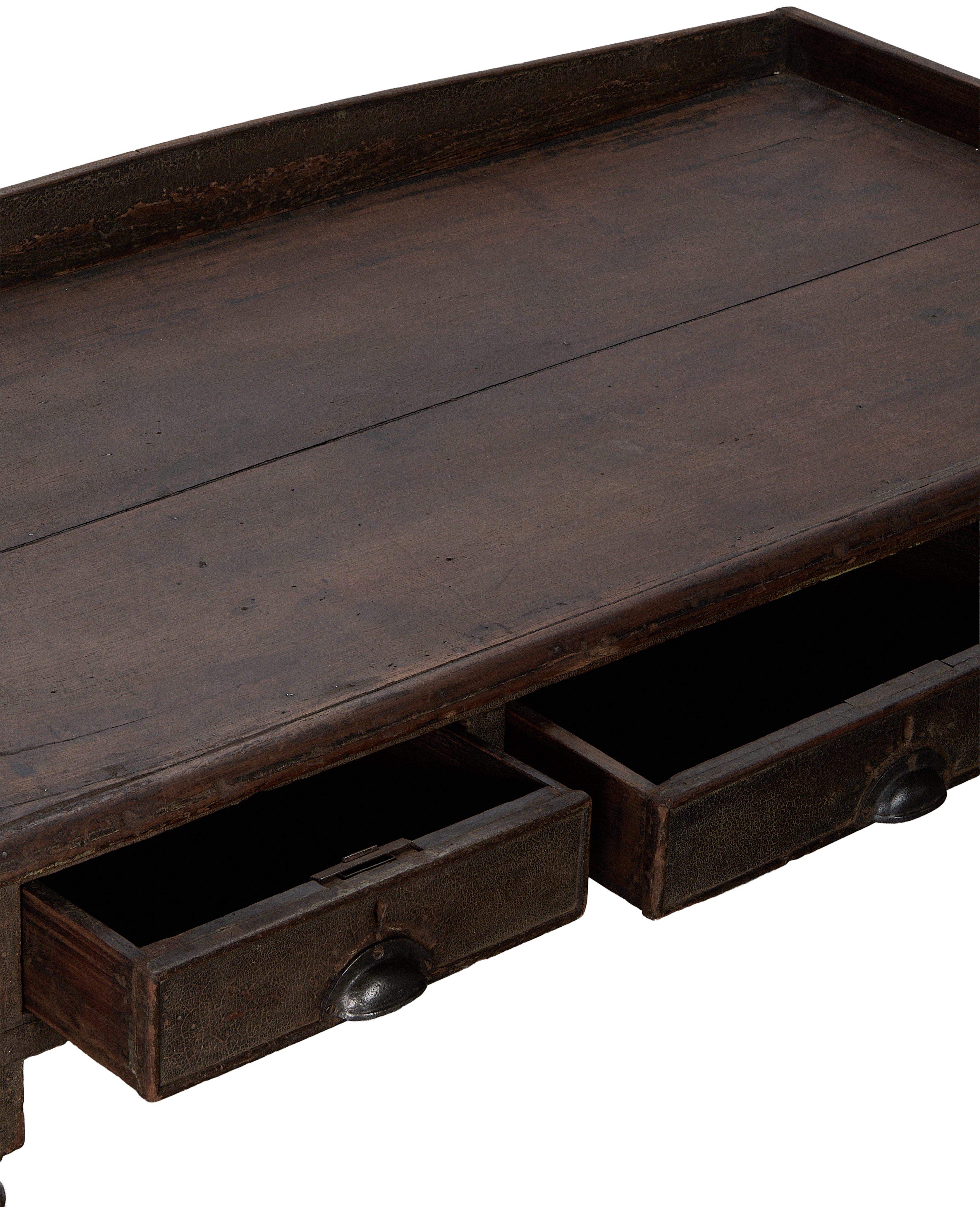 Vintage Indian oak wood desk, open drawers revealing natural patina, distressed texture.
