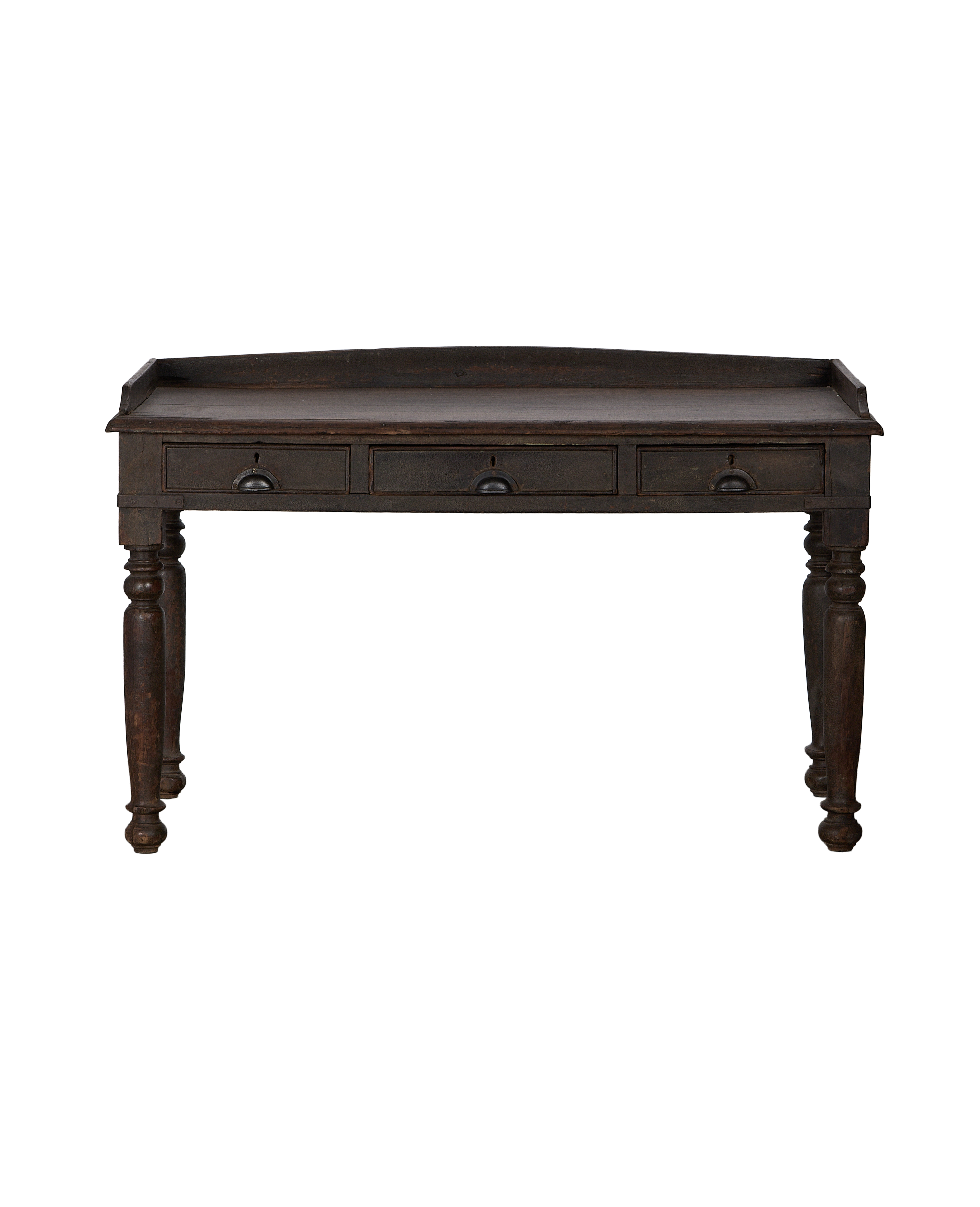 Vintage Indian oak wood desk, natural finish, featuring three drawers with drop pulls.