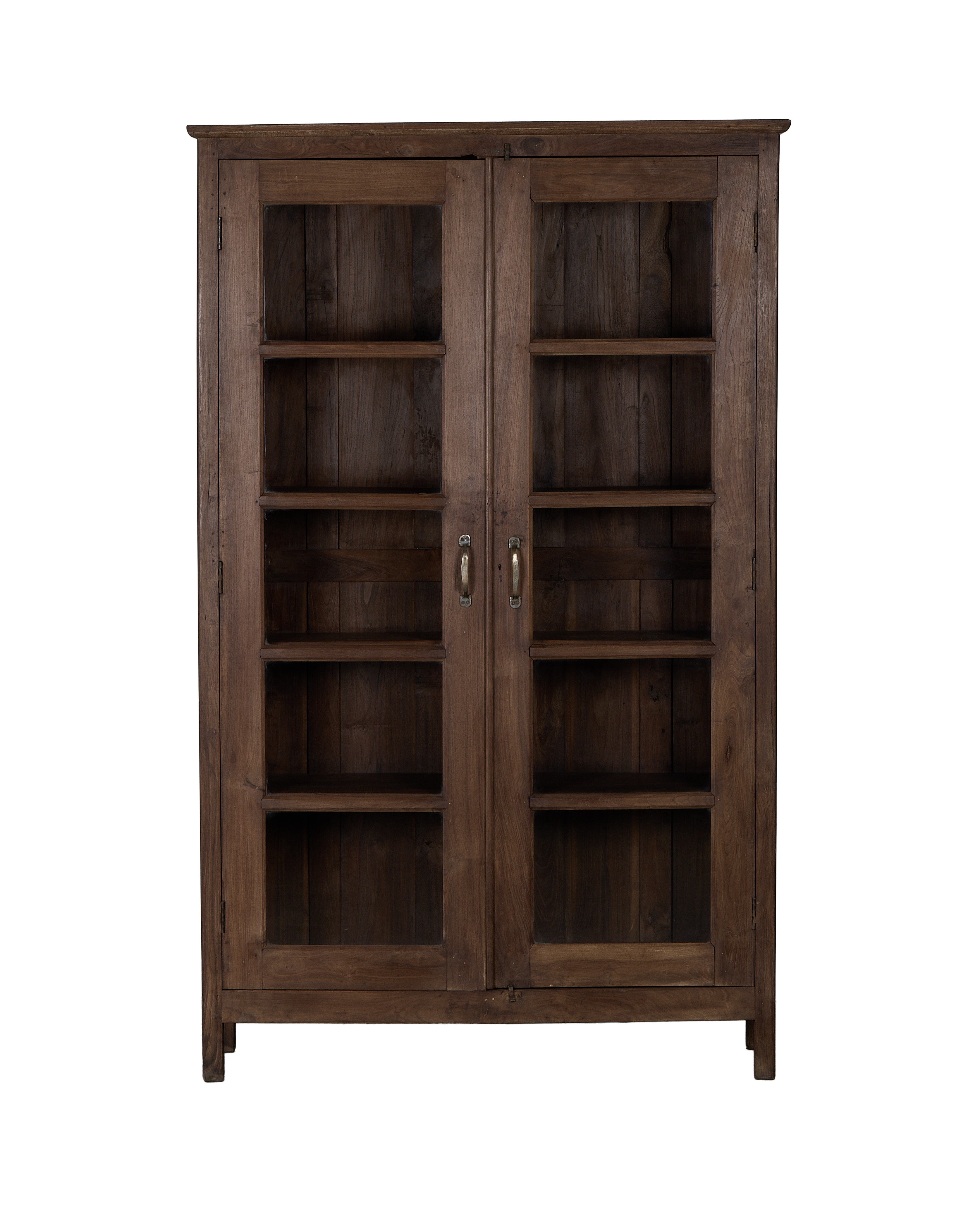 Vintage Indian oak wood cabinet with glass doors, brass pulls, and internal shelves.