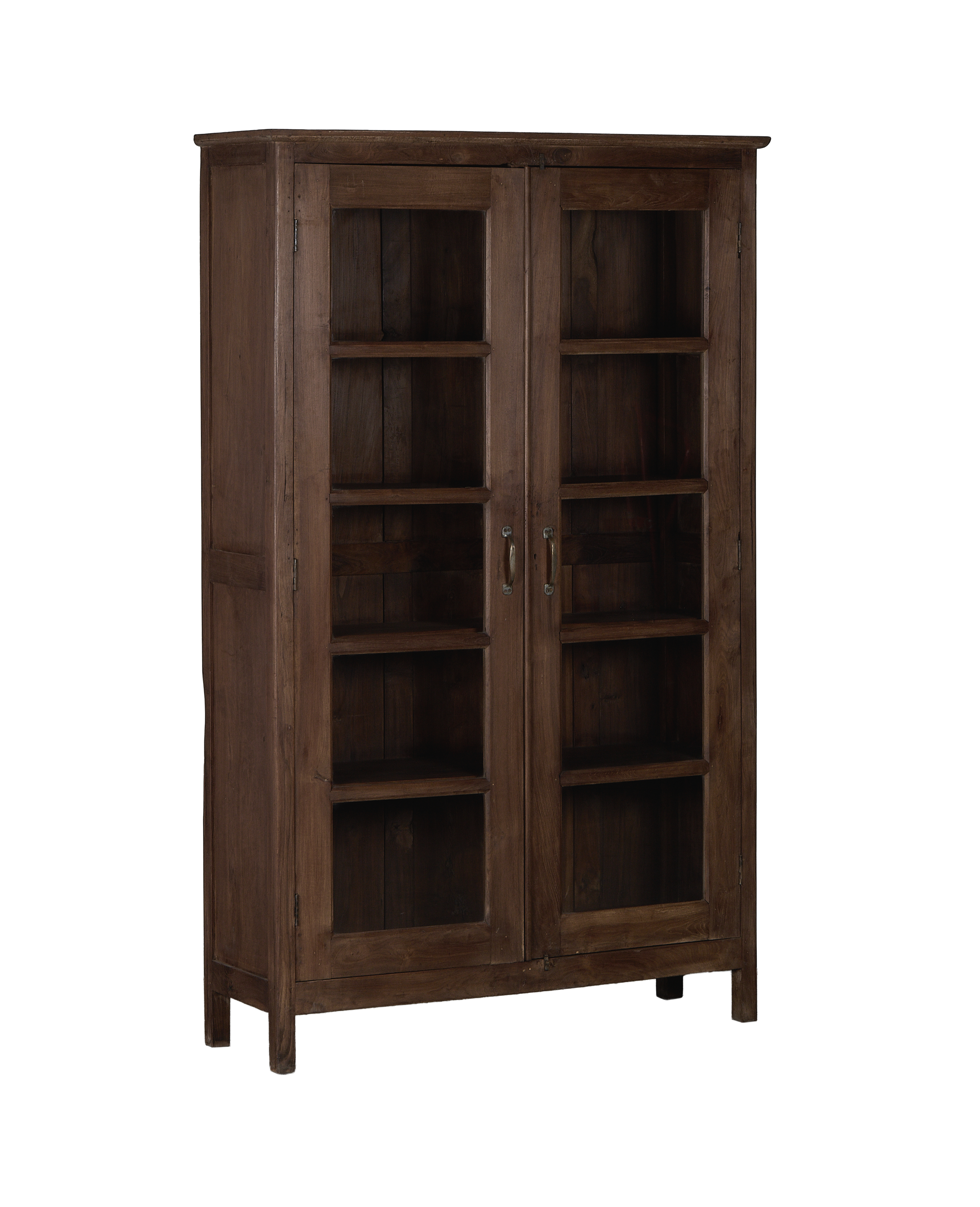 Vintage Indian oak wood display cabinet, natural finish, featuring glass panel doors and interior shelving.
